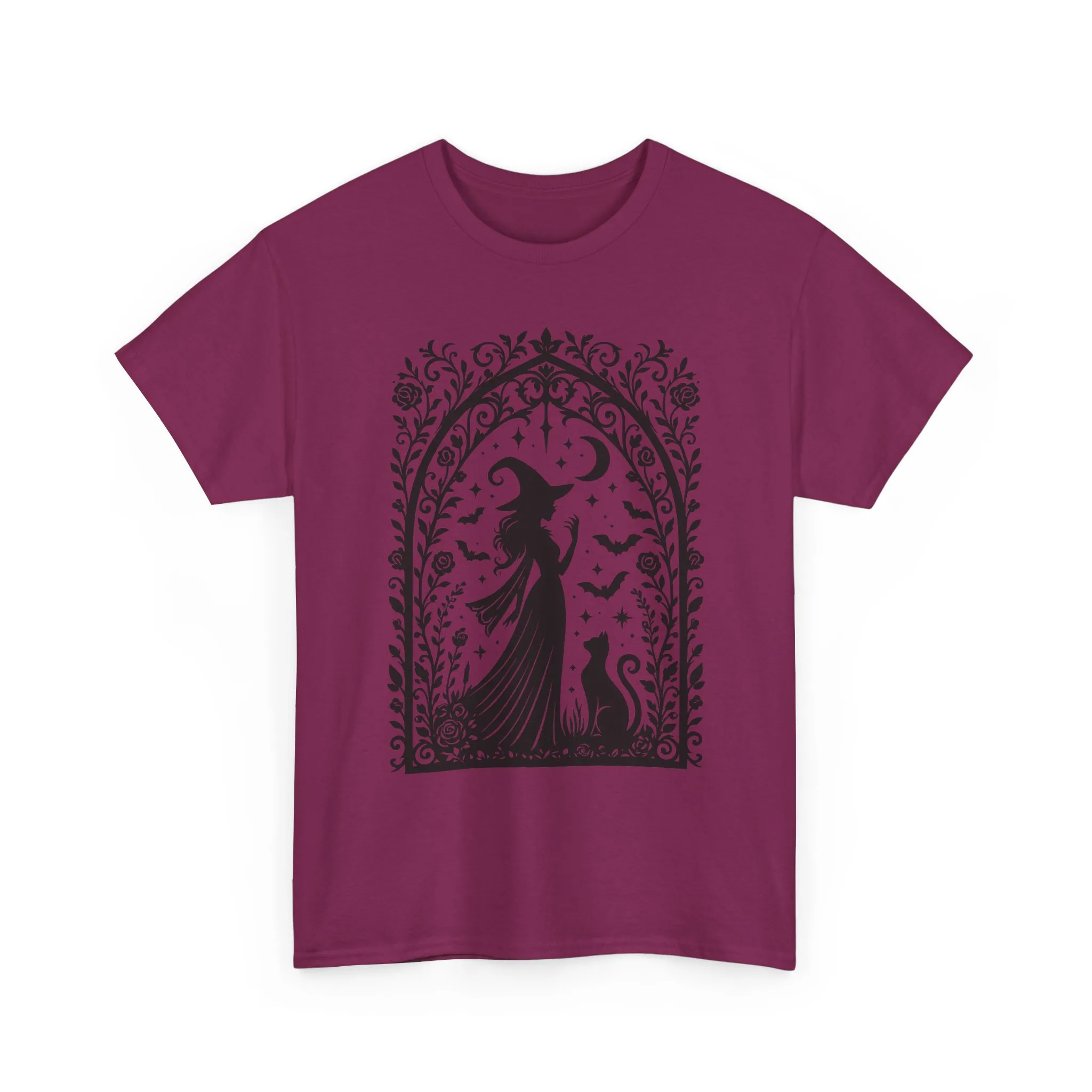 Gothic Witch & Cat Women's T-Shirt, Elegant Halloween Moon Silhouette Witchy Graphic Tee - Image 22