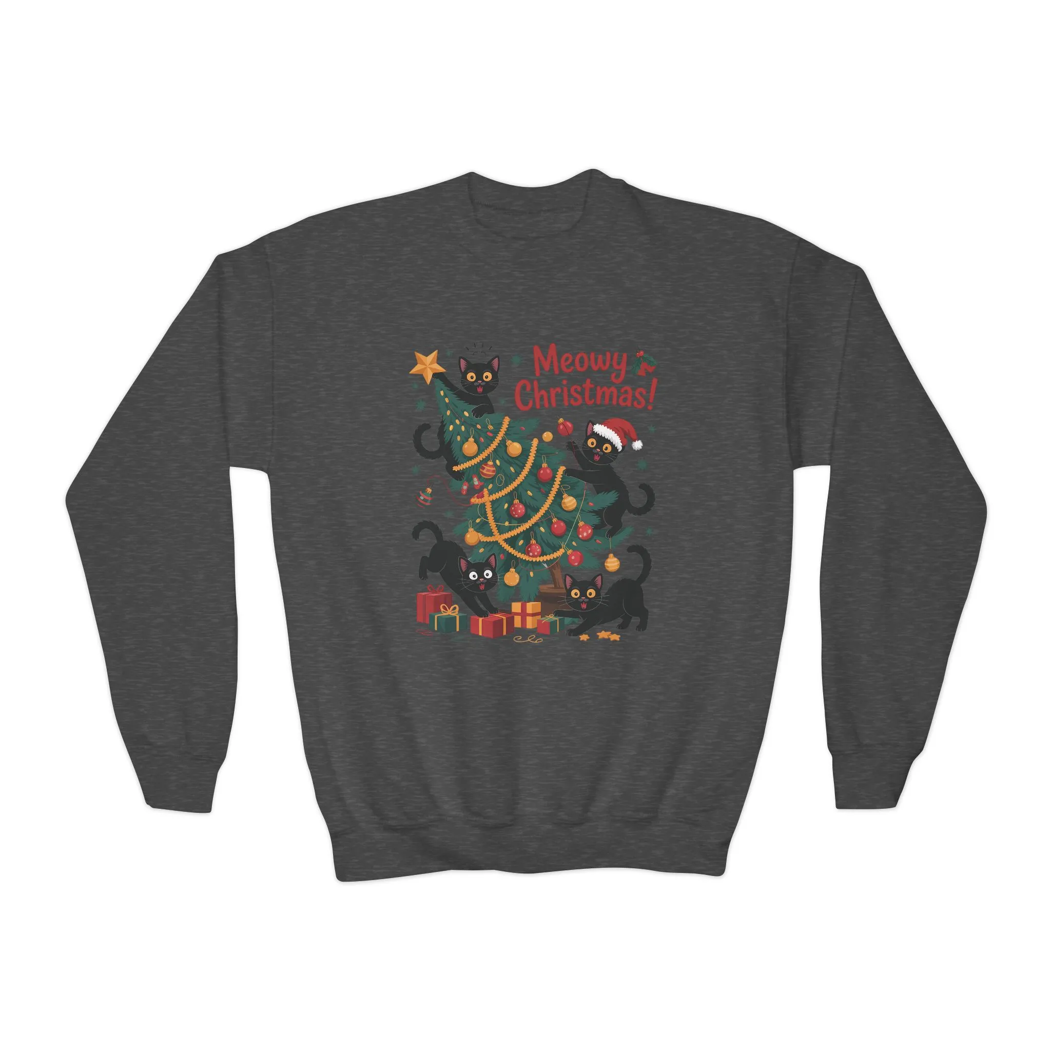 Kids Black Cats Christmas Tree Sweatshirt, Cute Funny Cat Holiday Jumper, Christmas Cat Chaos Pullover - Image 9