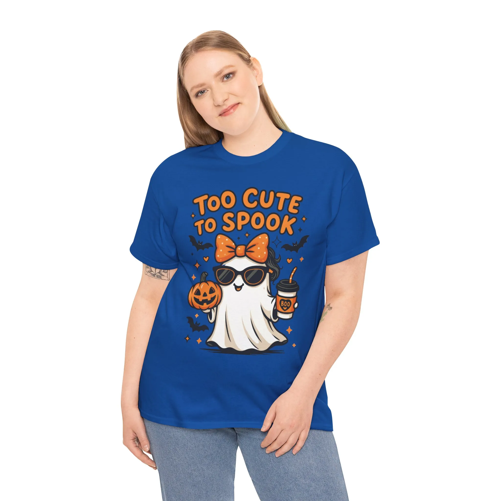 Too Cute To Spook Women's T-Shirt, Cute Ghost Pumpkin Coffee Halloween Graphic Tee - Image 18