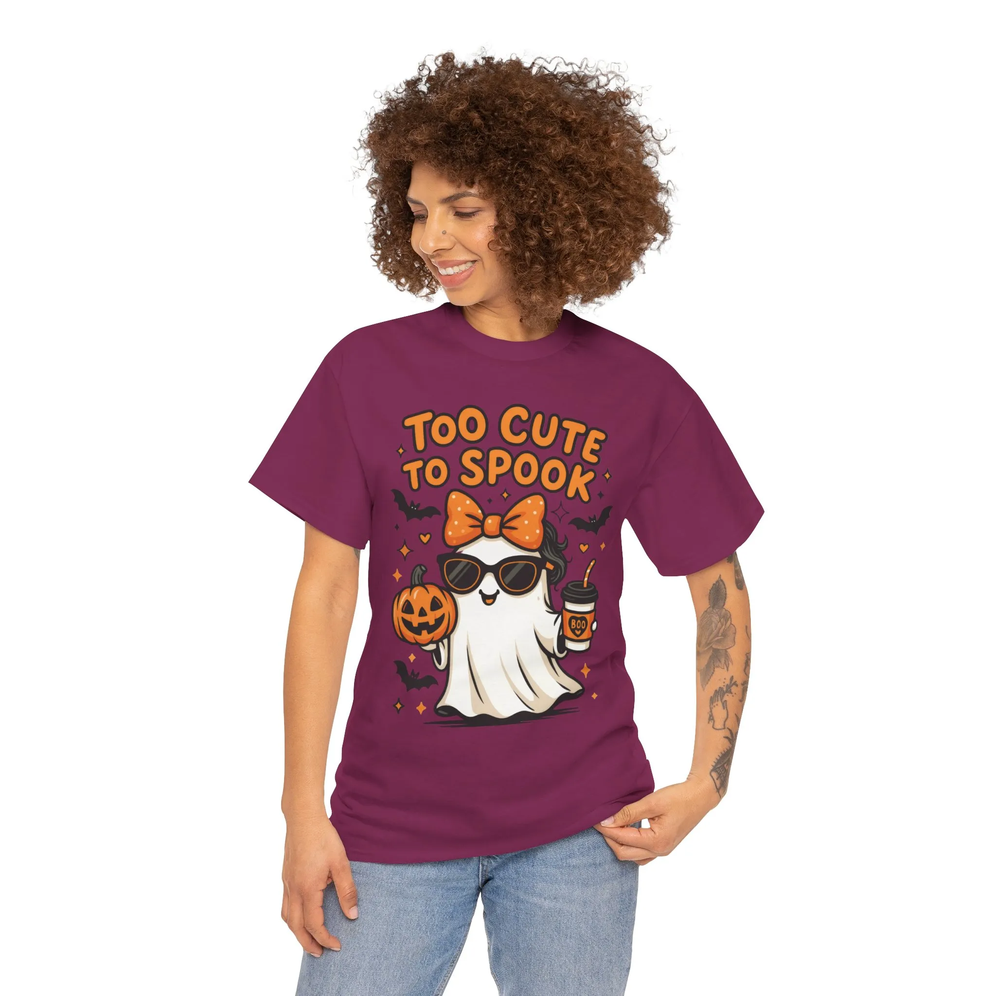 Too Cute To Spook Women's T-Shirt, Cute Ghost Pumpkin Coffee Halloween Graphic Tee - Image 26
