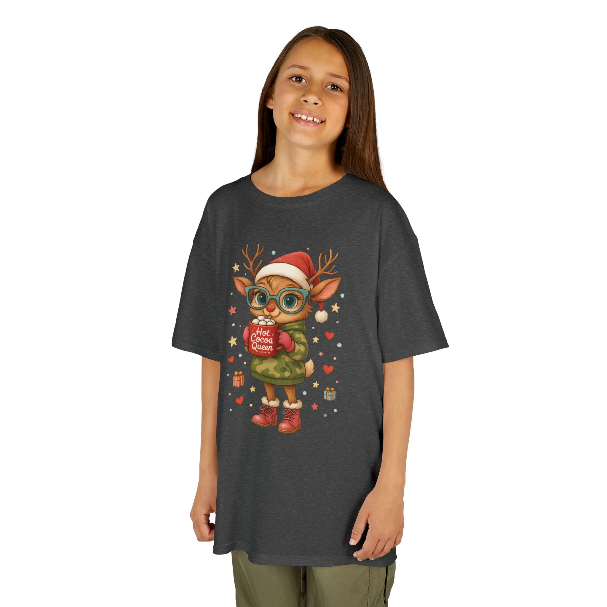 Hot Cocoa Queen Christmas T-Shirt for Girls, Cute Holiday Reindeer Tee - Image 12