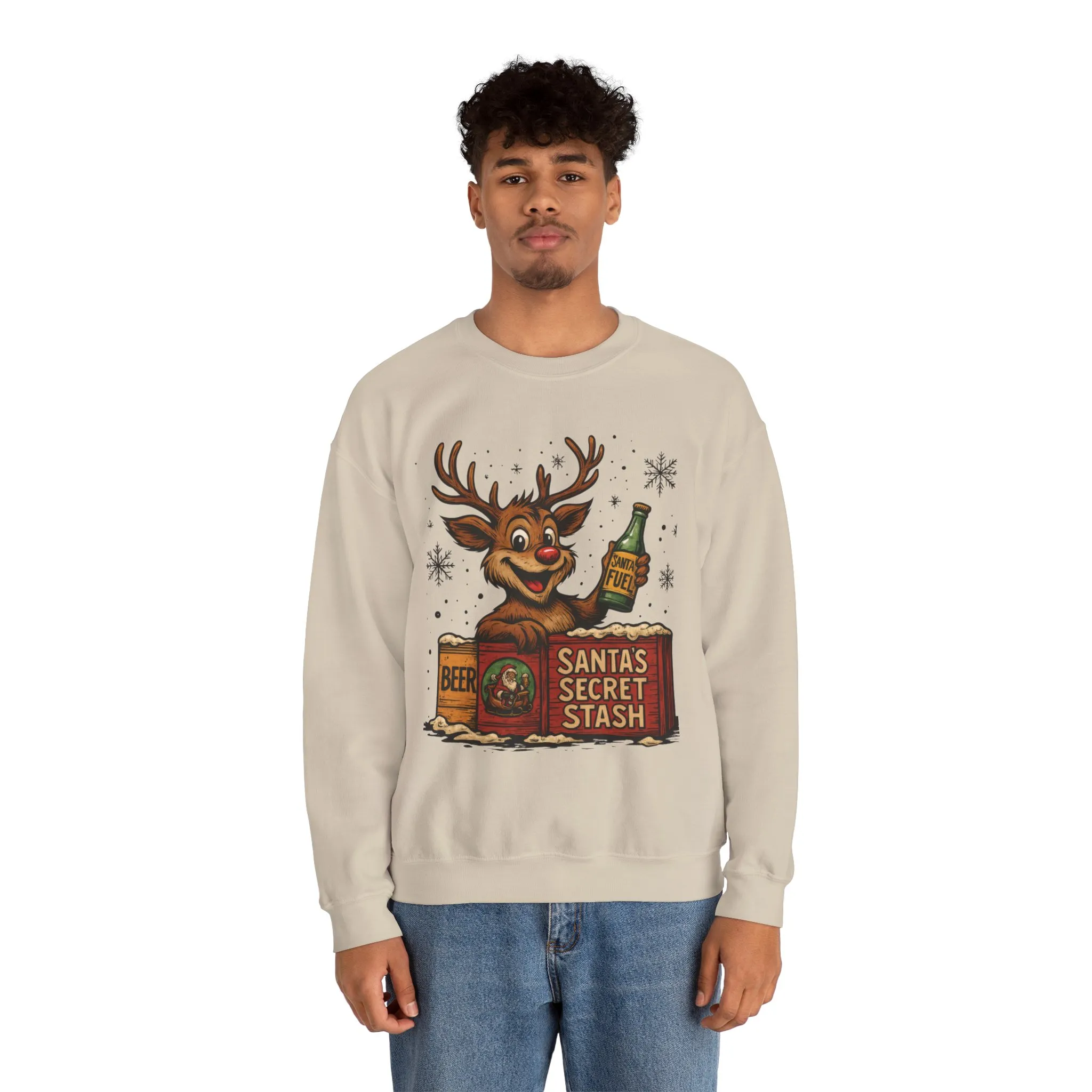 Mens Funny Christmas Sweatshirt, Santa's Secret Stash Reindeer Pullover, Men's Heavy Blend™ Crewneck Sweatshirt - Image 3