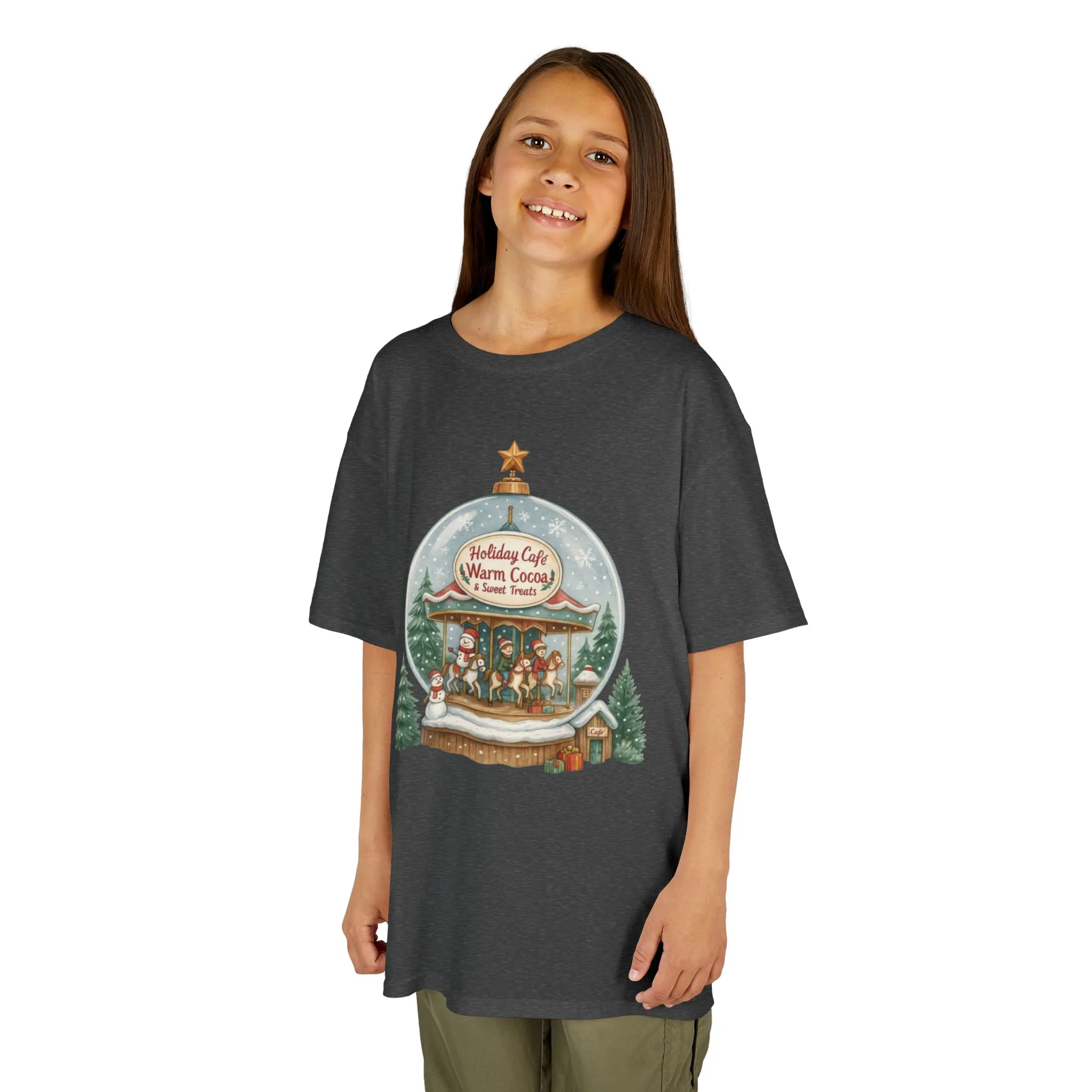 Youth Holiday Café Christmas T-Shirt, Warm Cocoa Carousel Kids Tee - Image 10