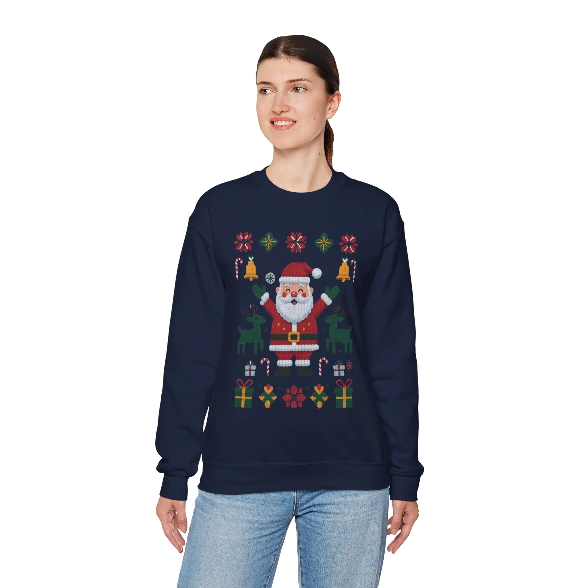 Santa Christmas Sweatshirt, Cute Reindeer Holiday Jumper, Nordic Style Ugly Christmas Sweater for Women