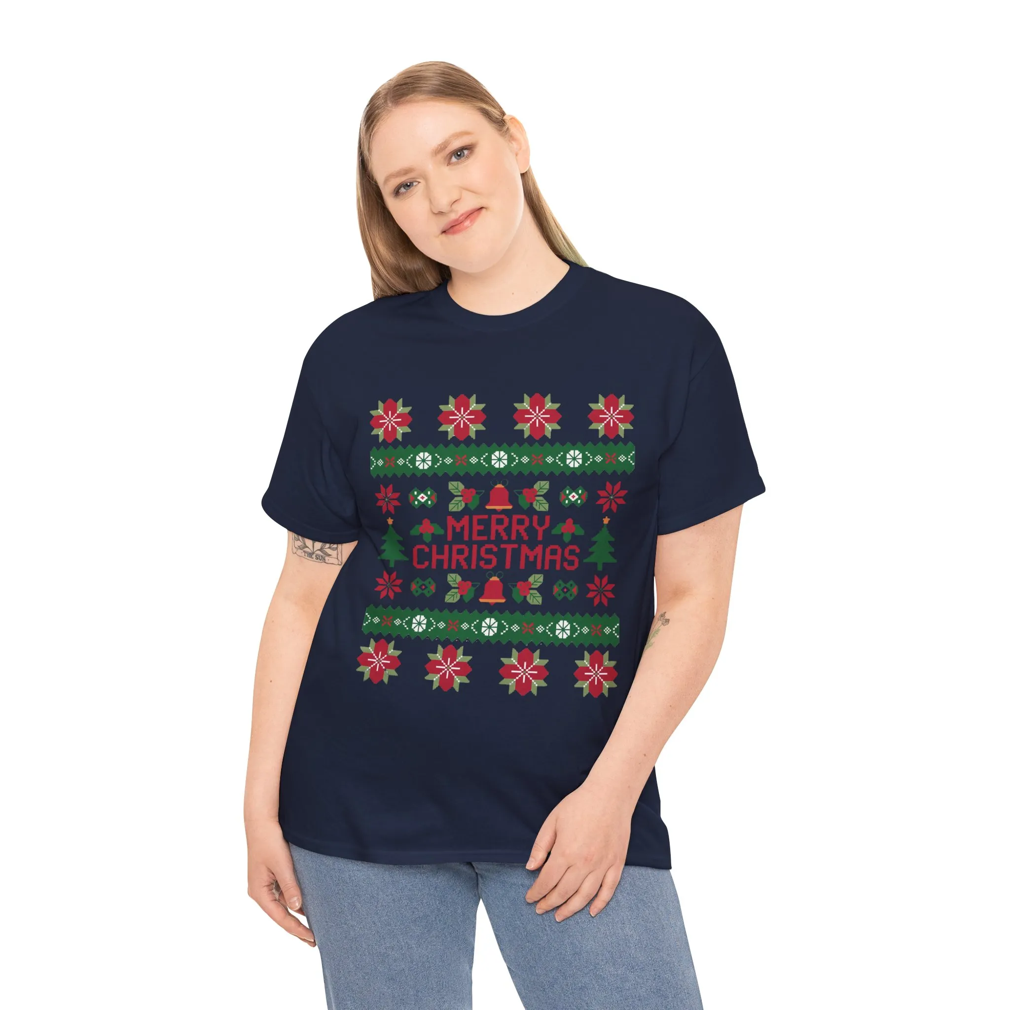 Merry Christmas Women's T-Shirt, Festive Ugly Sweater Style Tee, Classic Holiday Knit Pattern Shirt - Image 24
