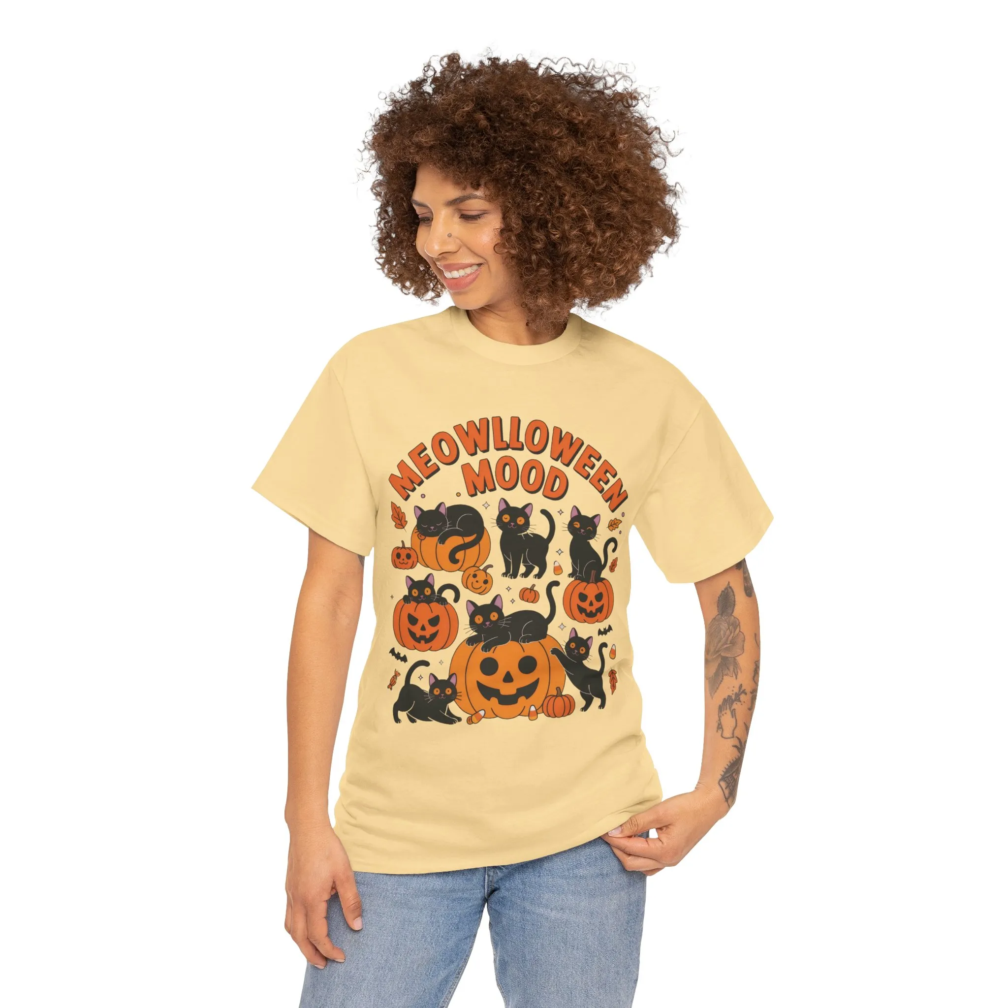 Meowlloween Mood Cat Shirt for Women, Cute Black Cat and Pumpkin Halloween Tee, Cozy Fall Kawaii Spooky Graphic Top, Cat Lover Gift