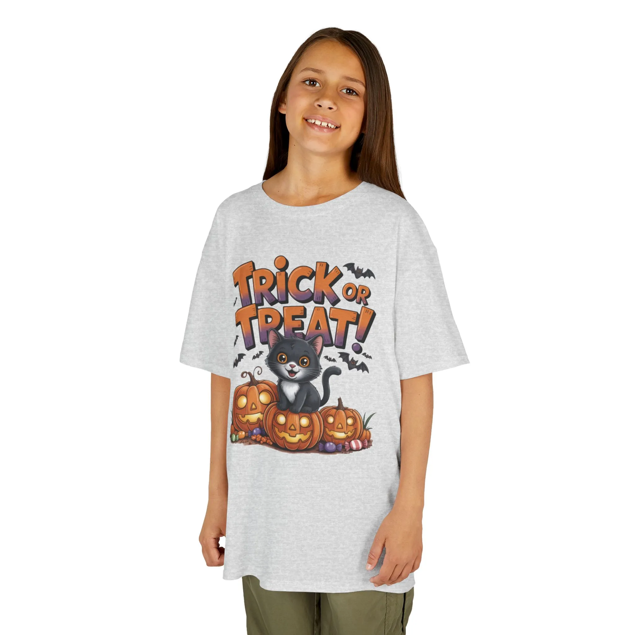 Girls Cute Black Cat Trick or Treat Halloween T-Shirt, Funny Pumpkin Cat Tee, Spooky Fall Shirt for Kids, Matching Family Halloween Shirts - Image 5