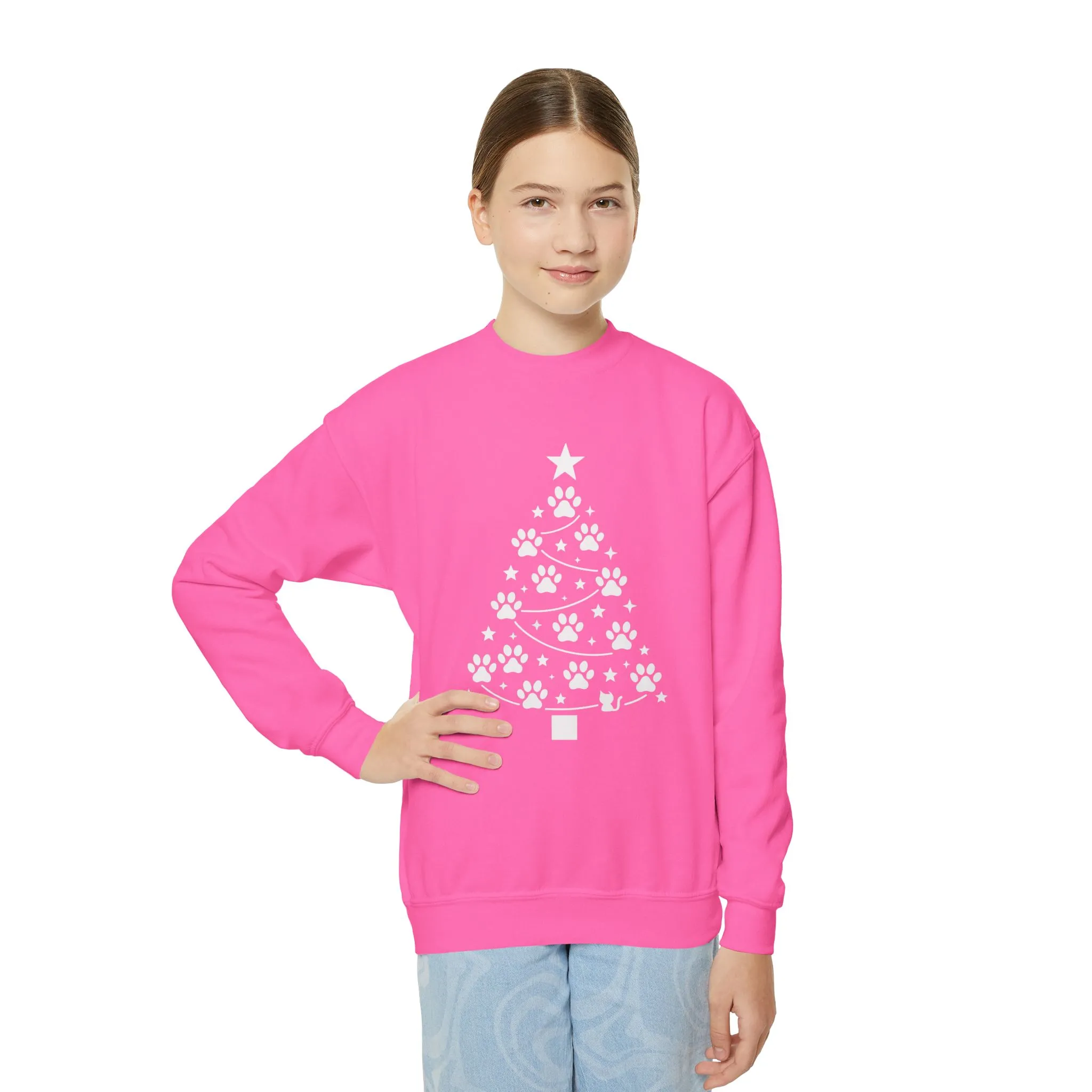 Paw Christmas Tree Girls Youth Sweatshirt, Cute Pet Lover Holiday Sweater - Image 14