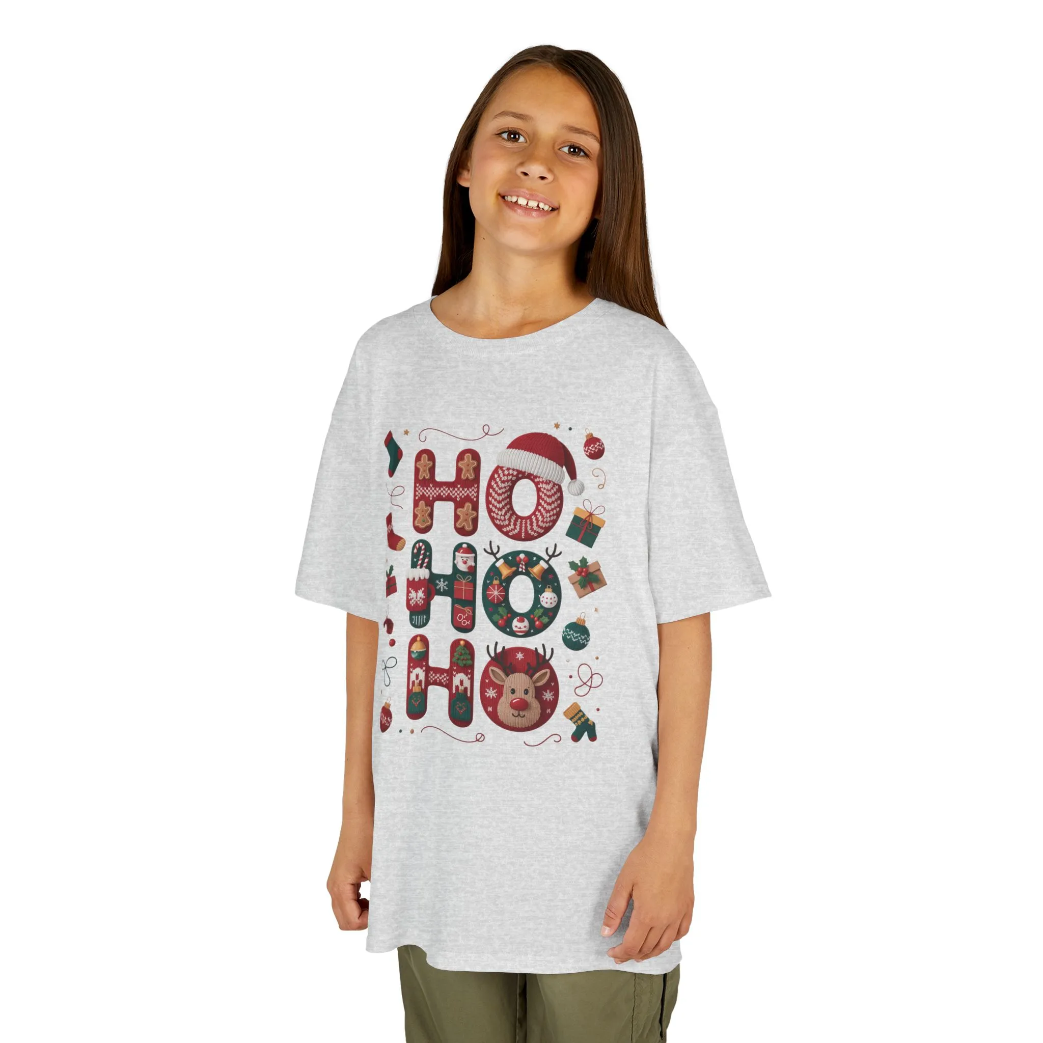 Ho Ho Ho Kids Christmas T-Shirt, Cute Girls Holiday Outfit, Reindeer, Gingerbread - Santa Hat Design, Cozy Winter Top - Image 2