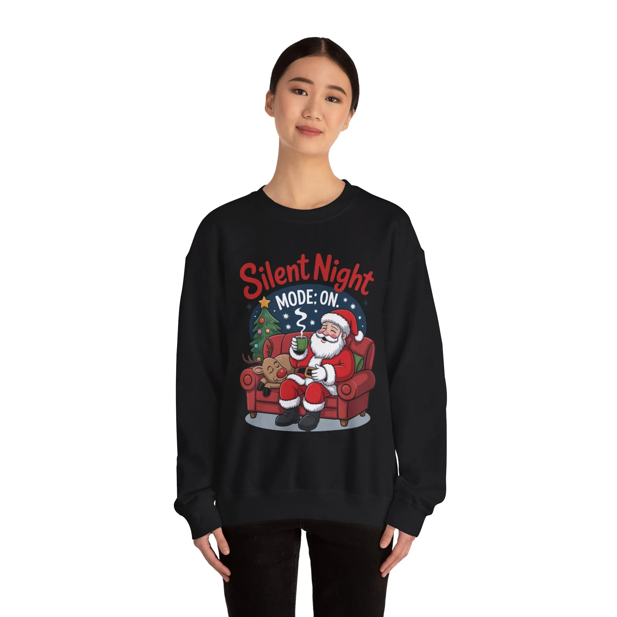 Silent Night Mode On Christmas Sweatshirt, Funny Relaxed Santa - Reindeer Sweater, Cozy Holiday Jumper for Women - Image 8