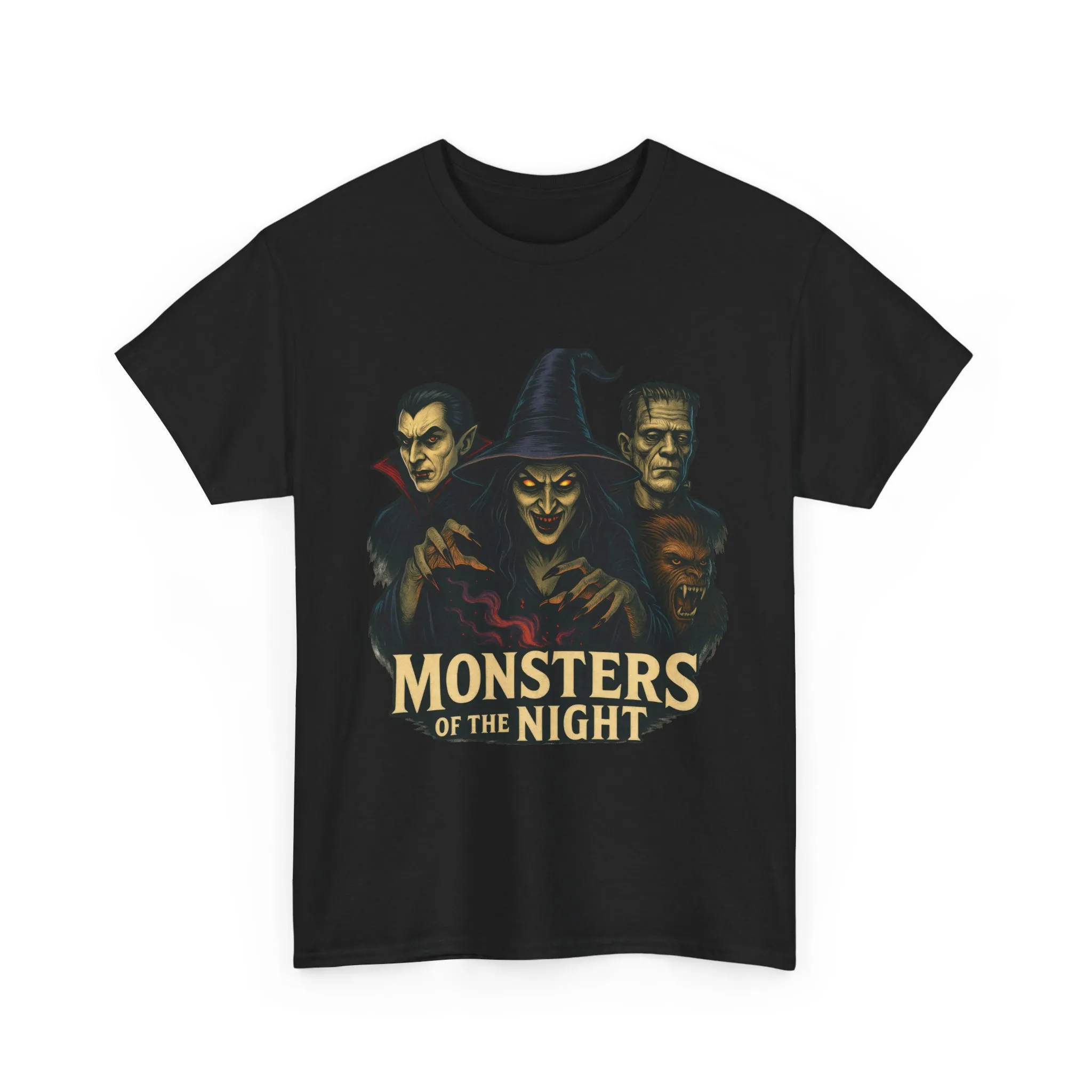 Monsters of the Night Women's T-Shirt, Classic Horror Witch, Vampire, Frankenstein Halloween Tee - Image 7