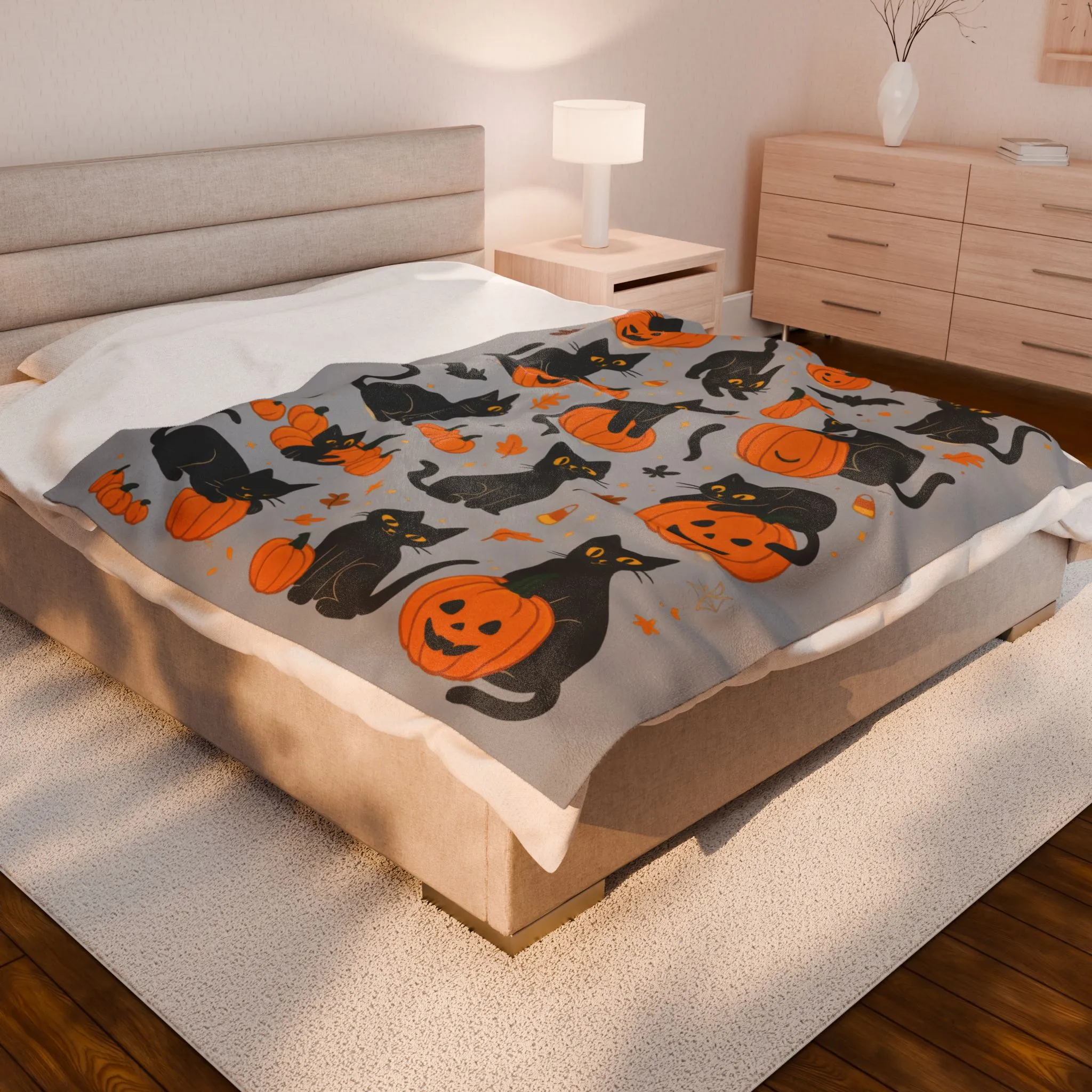 Cute Black Cats and Pumpkins Halloween Blanket, Cozy Fall Velveteen Plush Throw, Kawaii Spooky Cat Lover Gift, Autumn Home Decor, Blanket - Image 3