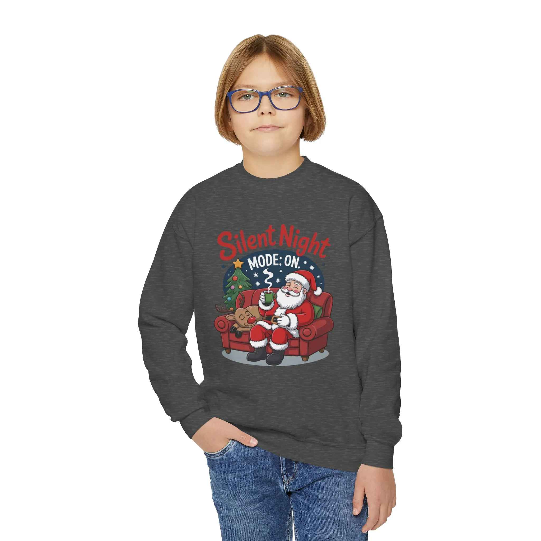 Kids Silent Night Mode On Christmas Sweatshirt, Cute Santa - Reindeer Holiday Jumper, Funny Cozy Christmas Sweater for Youth - Image 17