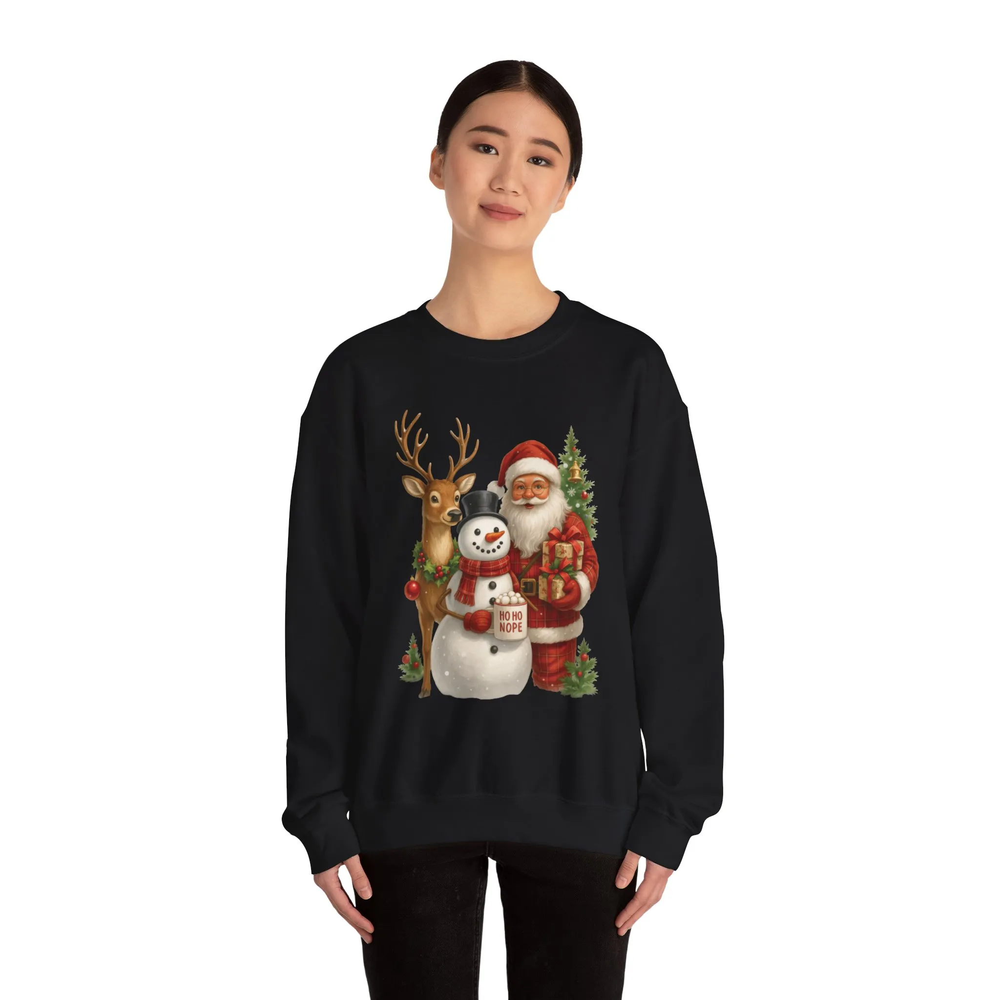 Santa, Snowman - Reindeer Christmas Sweatshirt, Funny Ho Ho Nope Holiday Sweater, Cute Vintage Christmas Jumper for Women - Image 8