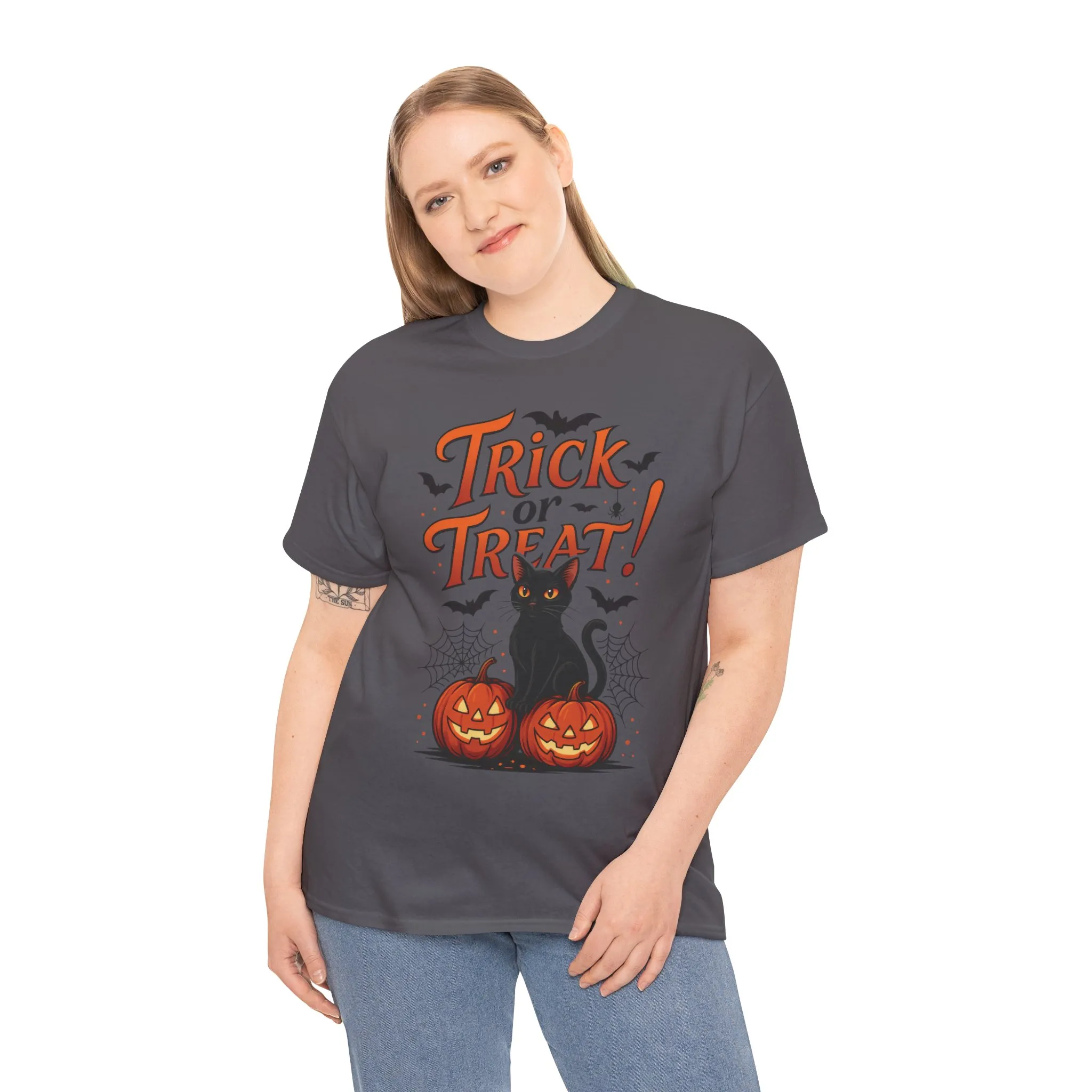 Trick or Treat Black Cat Halloween T-Shirt for Women, Spooky Cute Pumpkin Cat Tee, Fall Halloween Outfit Gift, Vintage Witchy Top - Image 18