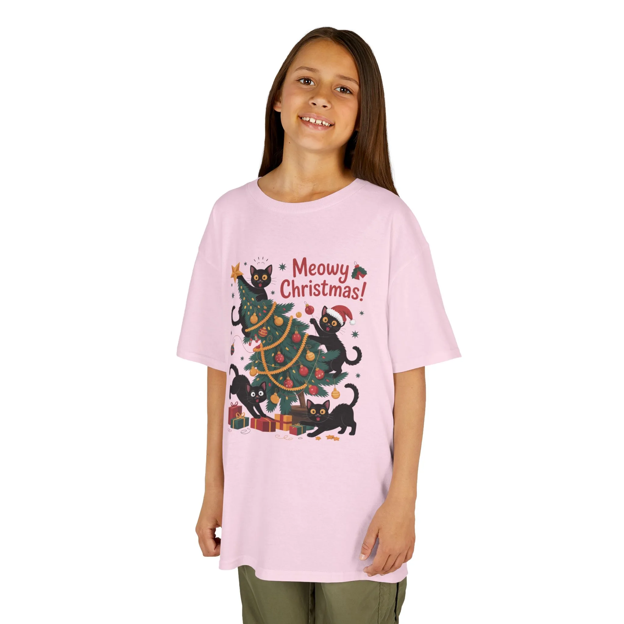 Kids Funny Cat Christmas Tree T-Shirt, Cute Black Cats Holiday Tee, Christmas Cat Chaos Shirt for Girls
