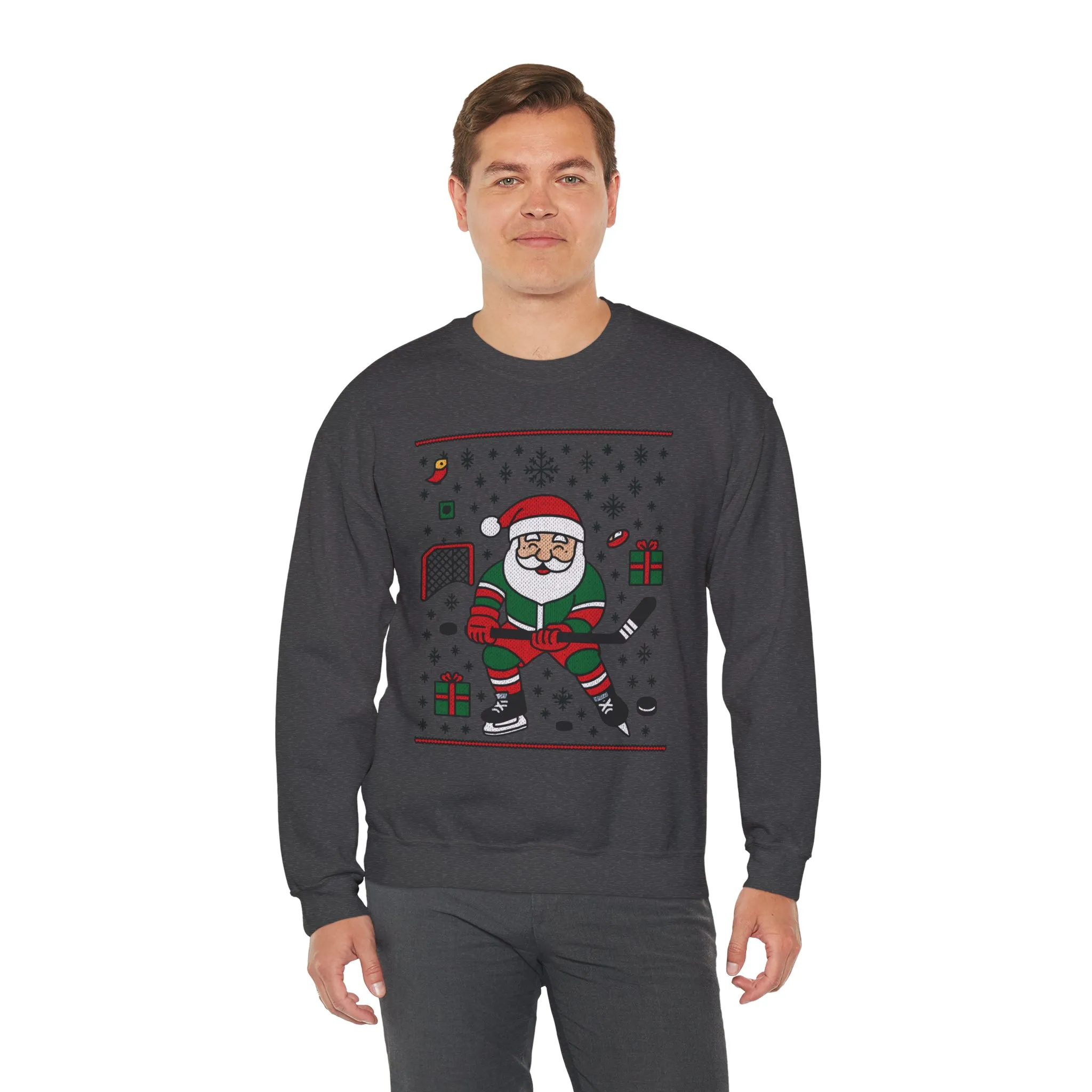 Hockey Santa Men's Christmas Sweatshirt, Funny Sports Holiday Jumper - Image 15