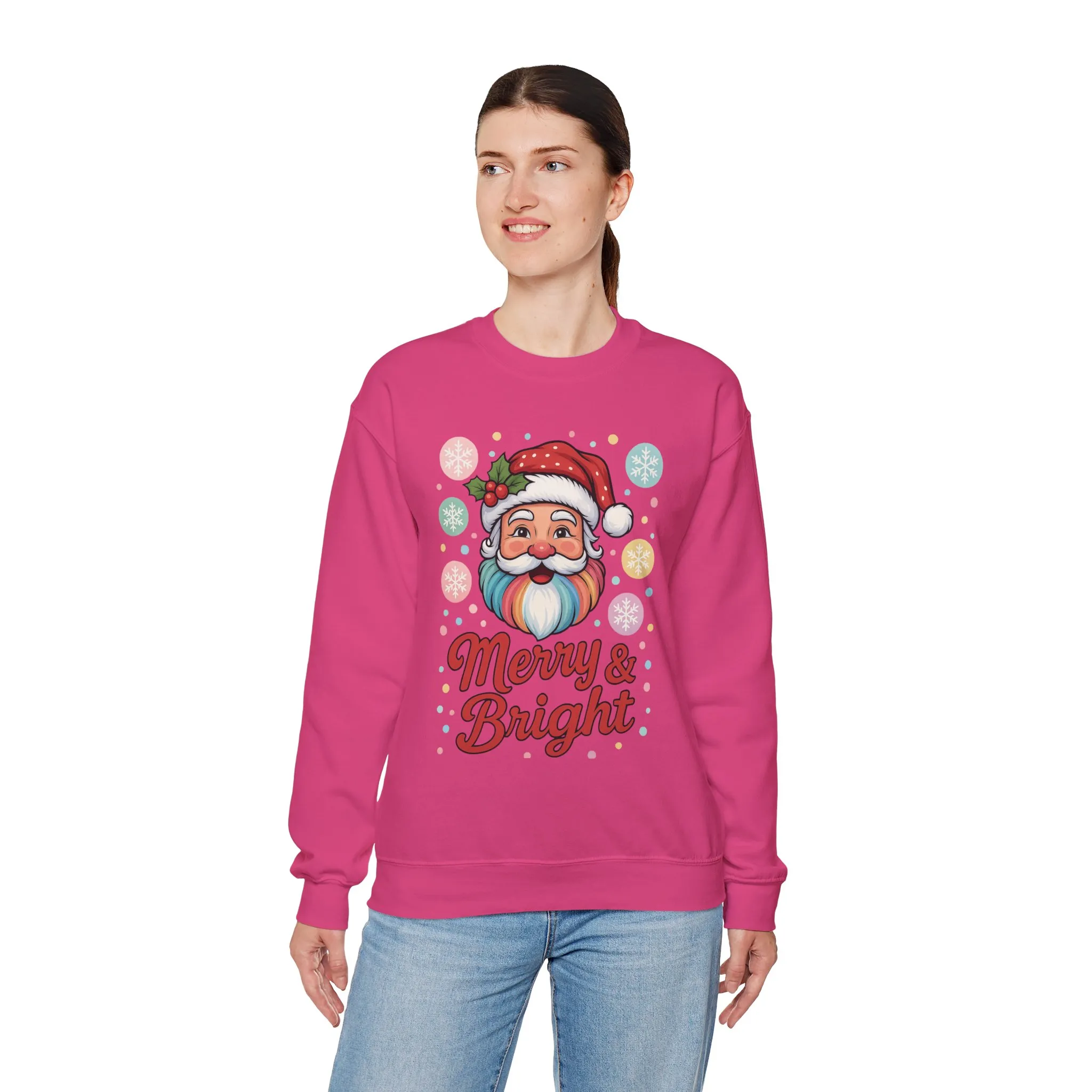 Merry - Bright Santa Christmas Sweatshirt, Retro Pastel Holiday Jumper, Cute Santa Sweater for Women