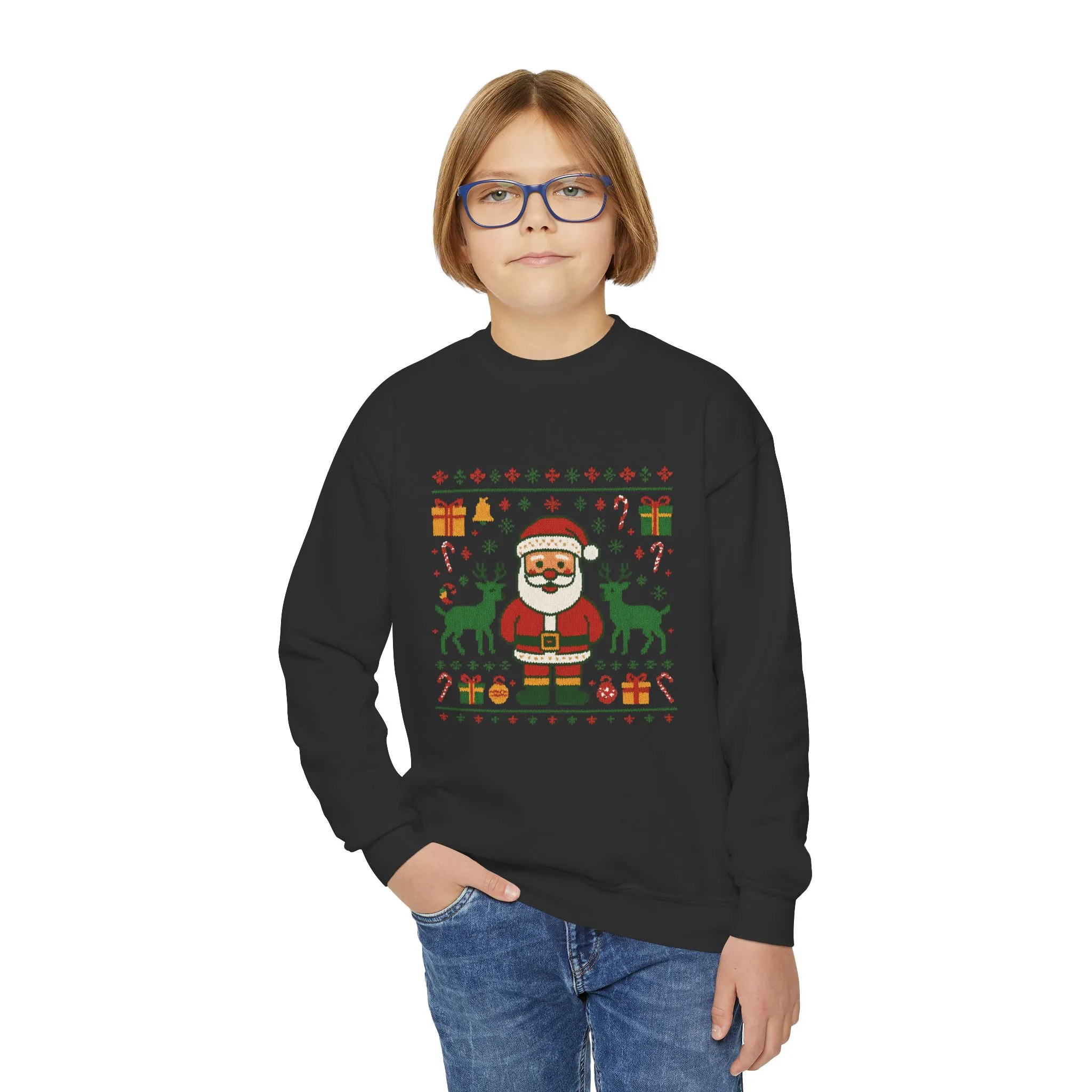 Kids Santa Christmas Shirt, Cute Knit Pattern Holiday Sweatshirt, Youth Crewneck Sweatshirt - Image 6
