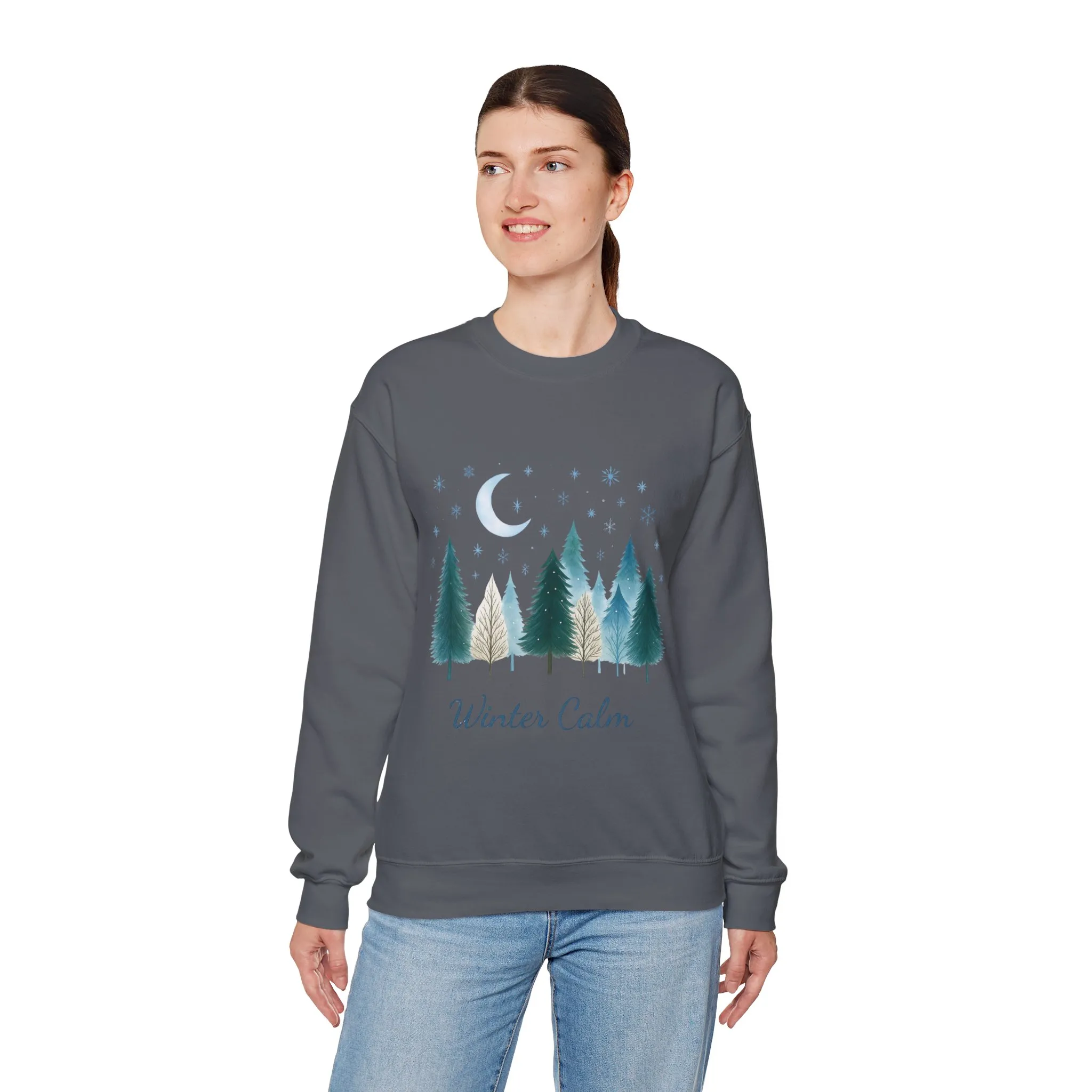 Winter Calm Sweatshirt, Minimalist Christmas Forest Pullover, Serene Winter Moon Scene Sweater for Women - Image 18