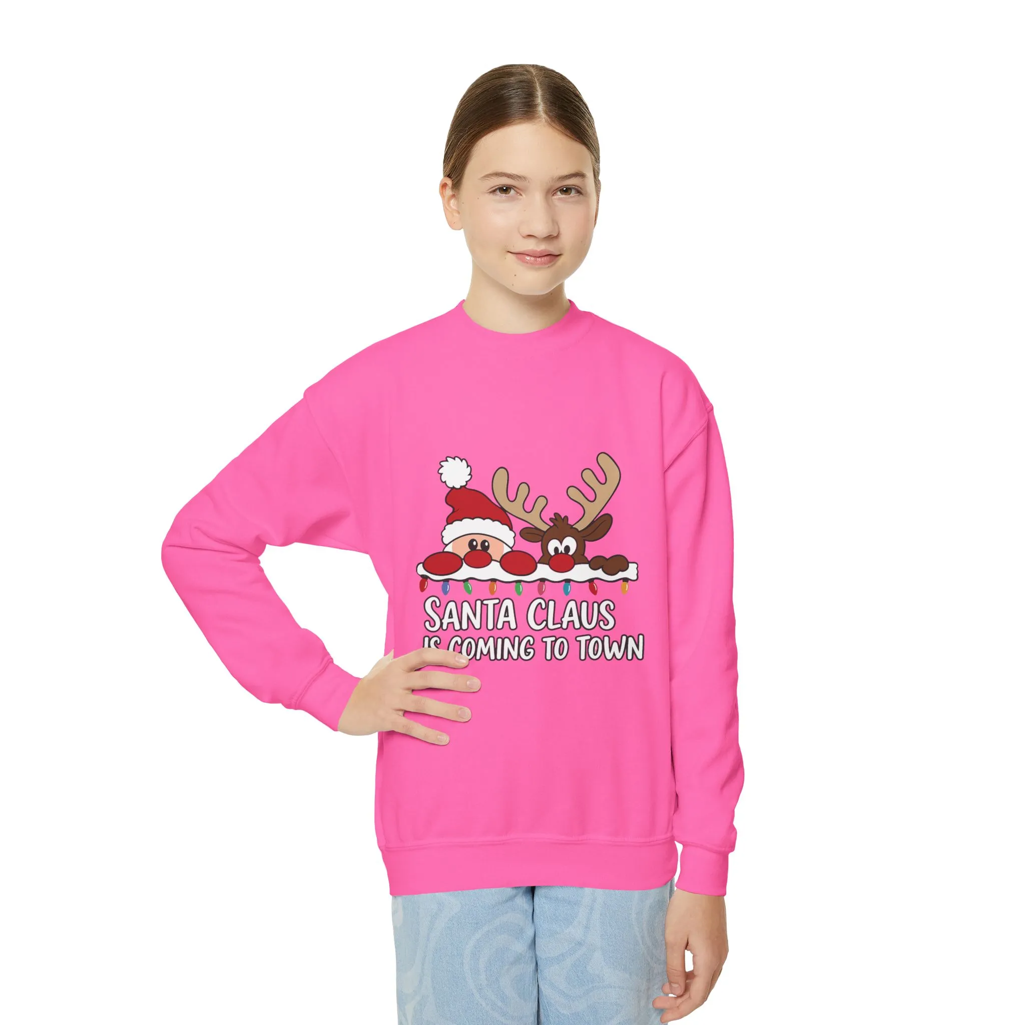 Santa Claus Is Coming to Town Kids Christmas Sweatshirt, Cute Santa - Reindeer Holiday Jumper - Image 14
