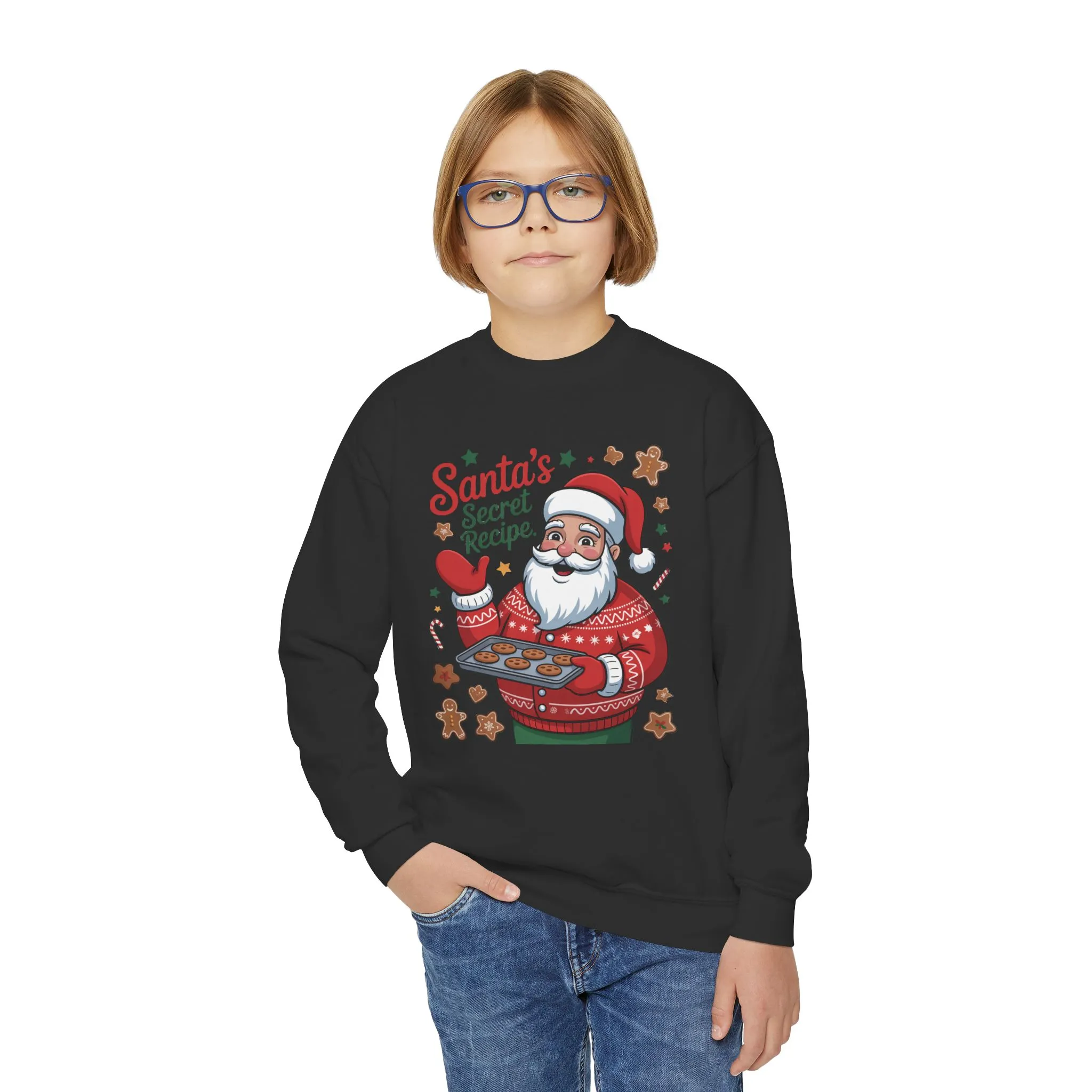 Kids Santa's Secret Recipe Christmas Sweatshirt, Cute Holiday Baking Jumper, Gingerbread Cookie Santa Sweater for Girls - Image 9