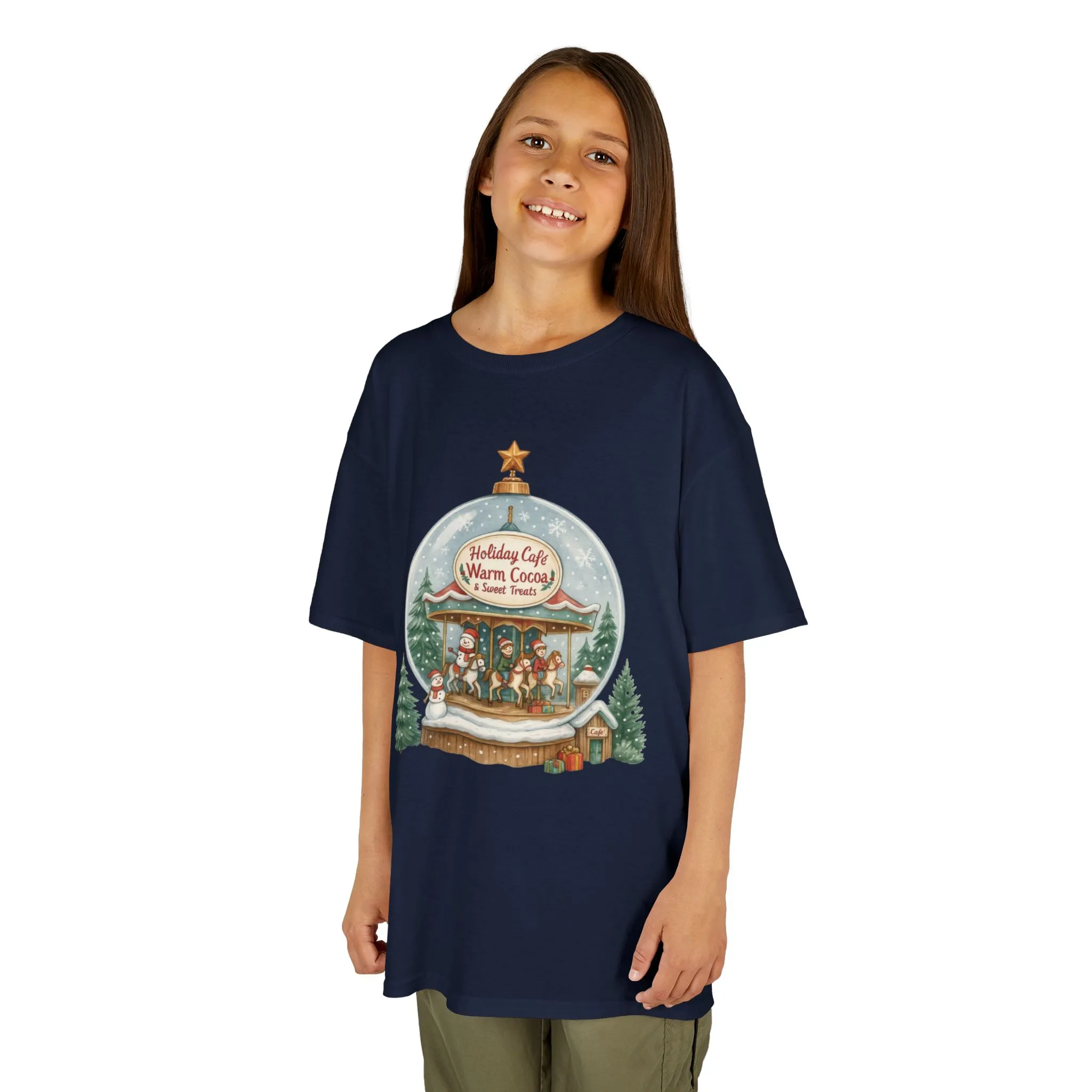 Youth Holiday Café Christmas T-Shirt, Warm Cocoa Carousel Kids Tee - Image 12
