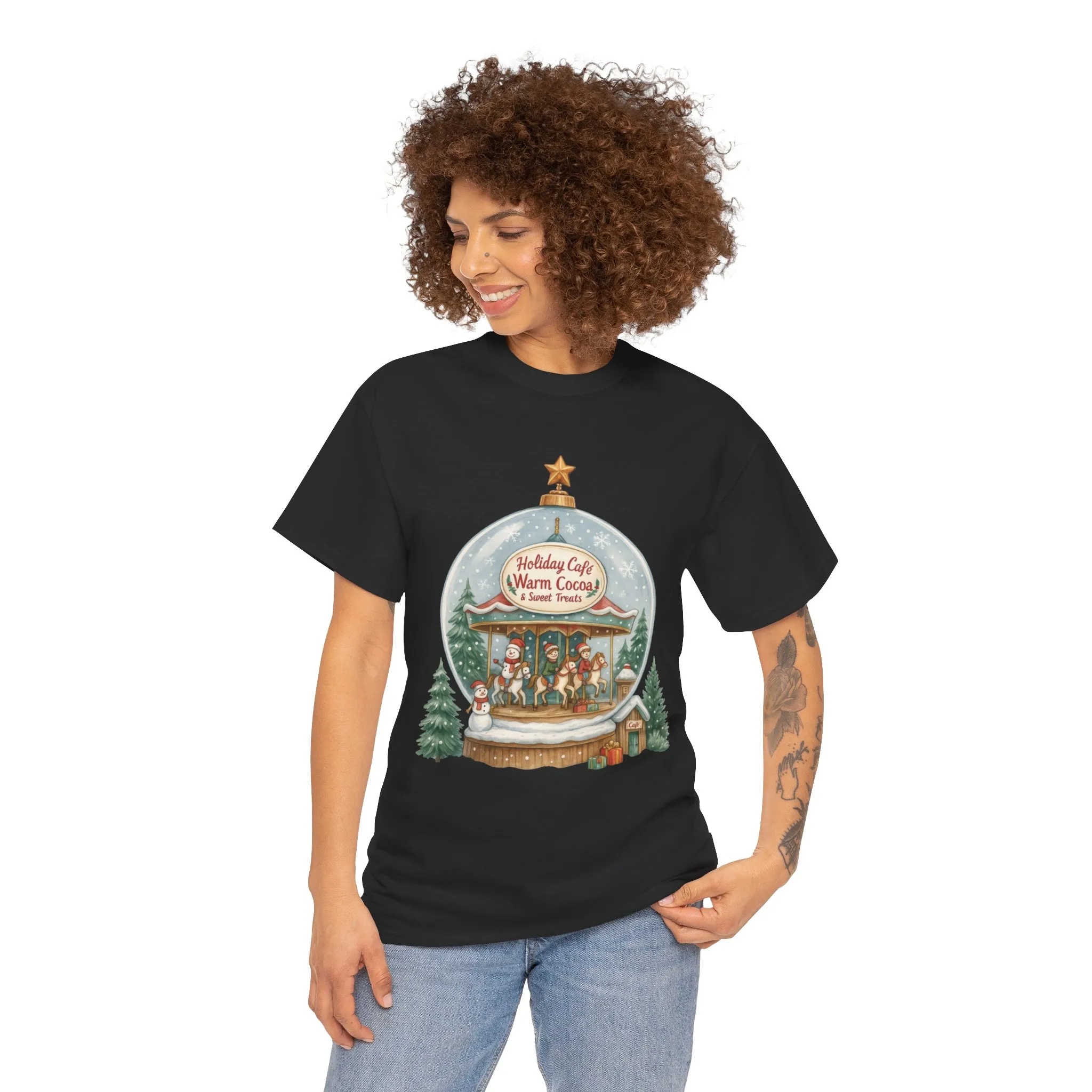 Holiday Café Christmas T-Shirt for Women, Warm Cocoa Carousel Tee - Image 5
