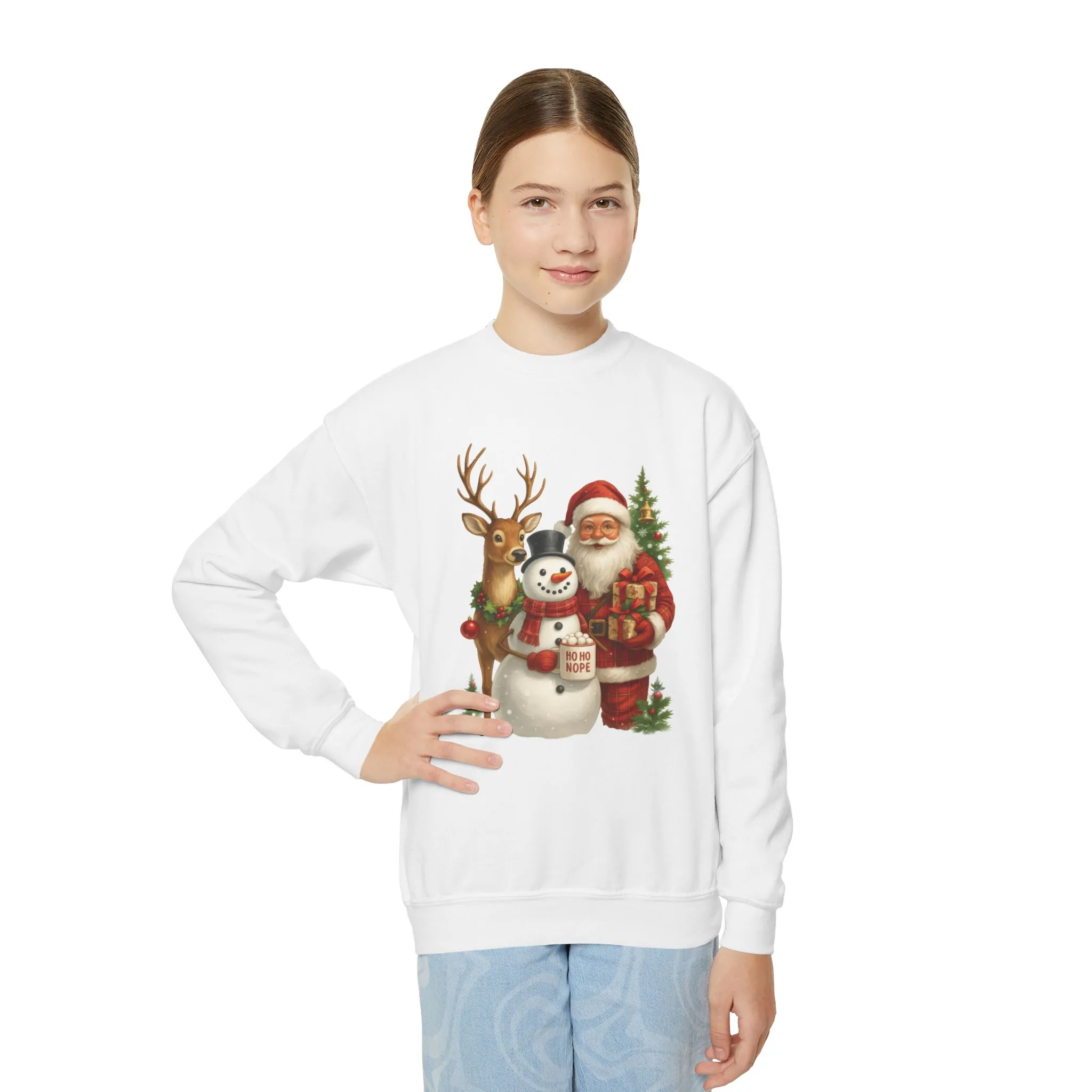 Kids Santa, Snowman - Reindeer Christmas Sweatshirt, Cute Ho Ho Nope Holiday Jumper, Funny Santa Sweater for Girls - Image 6