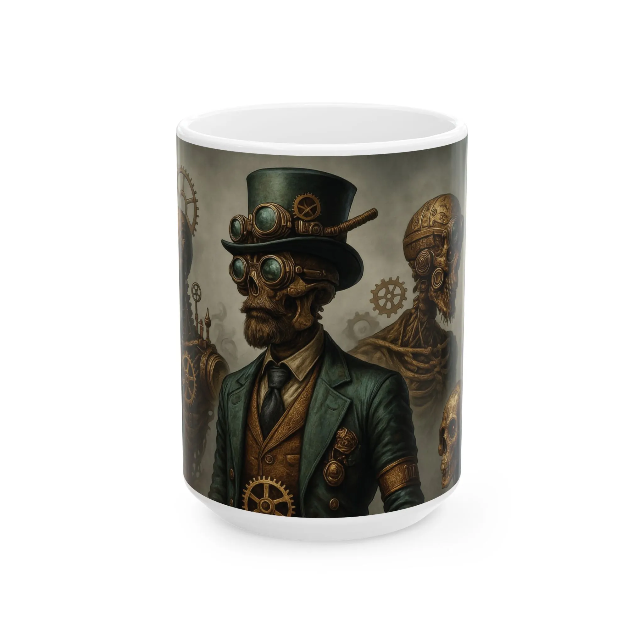 Steampunk Zombie Coffee Mug, Gothic Industrial Steam Era Design, Mechanical Skull Wrap Mug Gift for Him, Ceramic Mug, (15oz)
