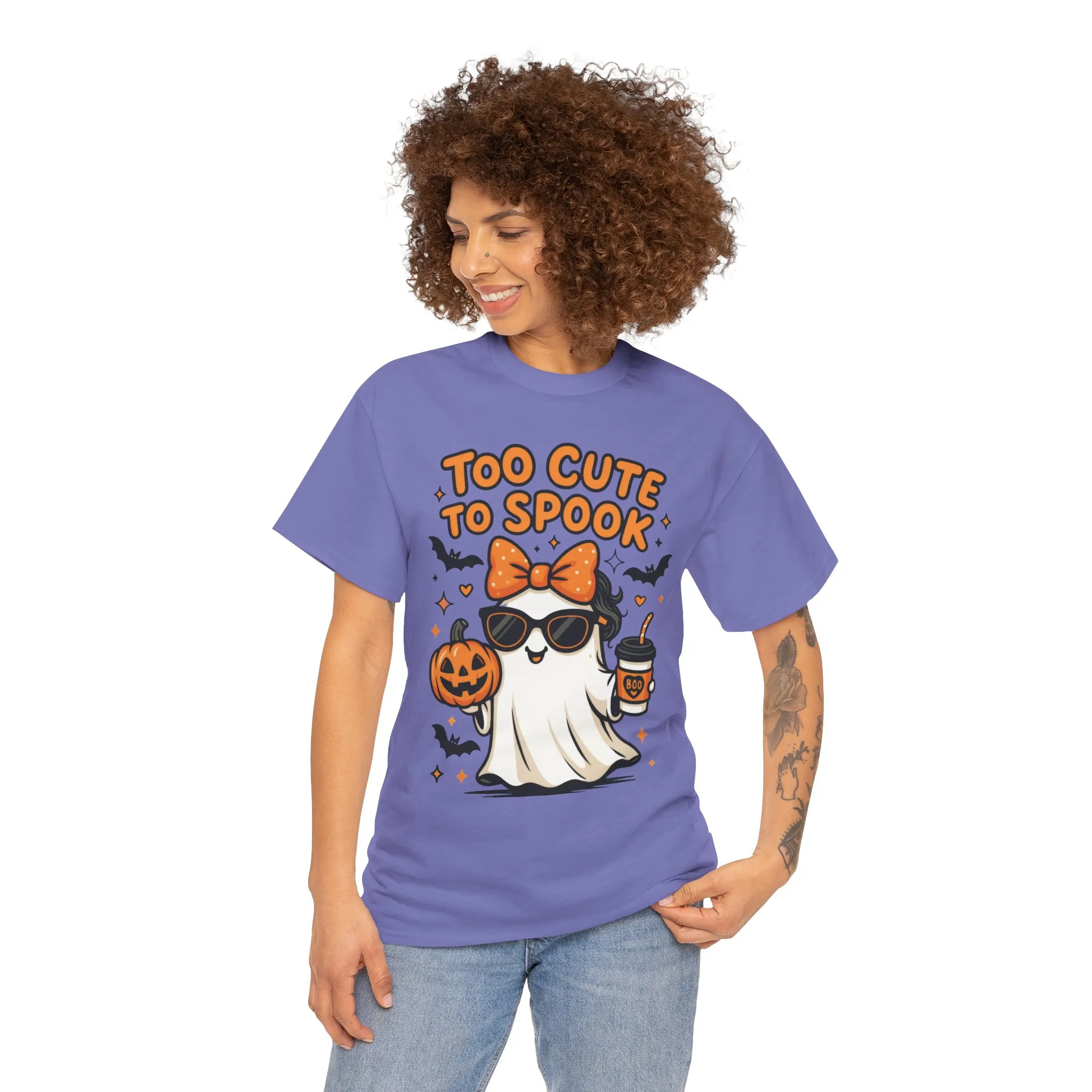 Too Cute To Spook Women's T-Shirt, Cute Ghost Pumpkin Coffee Halloween Graphic Tee - Image 20