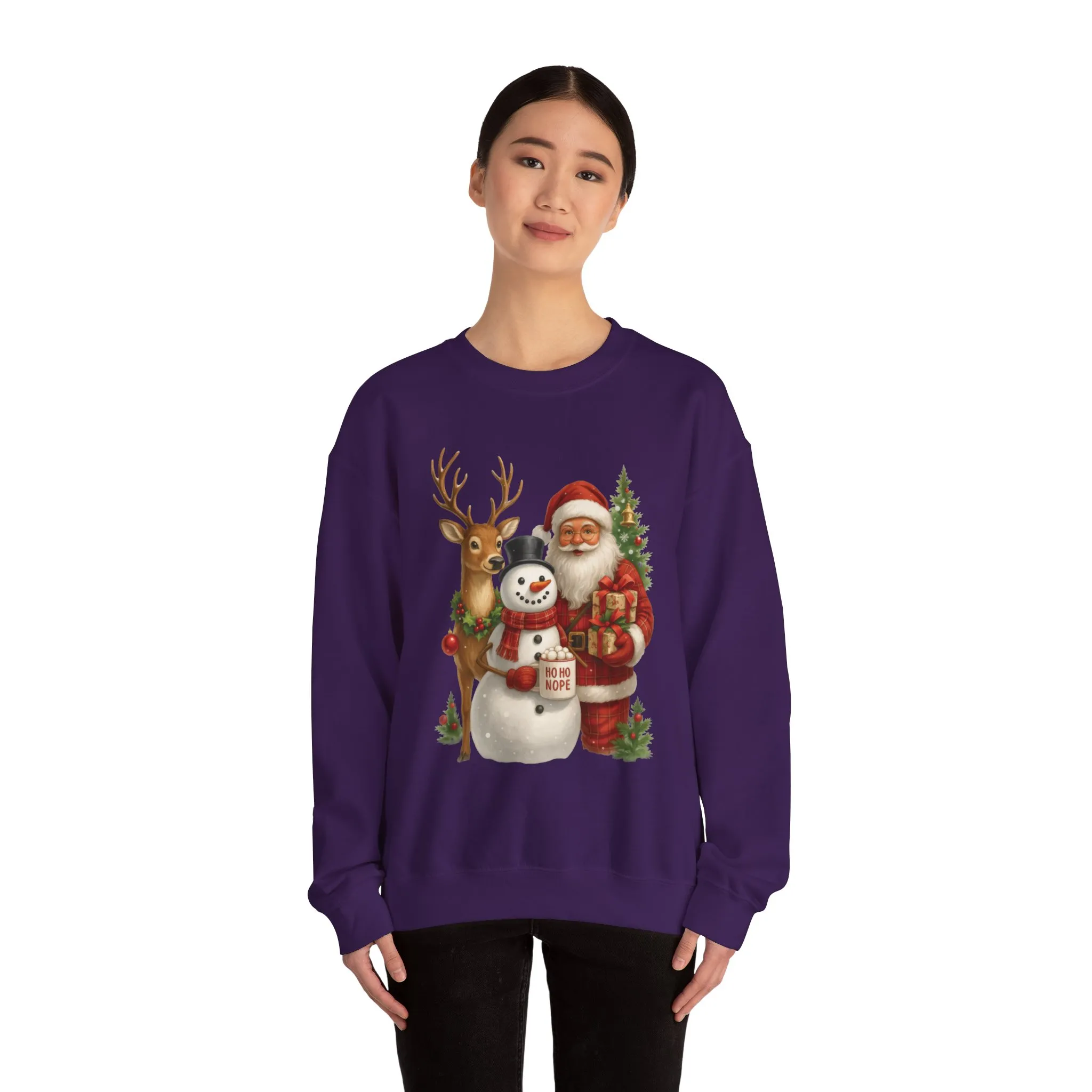 Santa, Snowman - Reindeer Christmas Sweatshirt, Funny Ho Ho Nope Holiday Sweater, Cute Vintage Christmas Jumper for Women - Image 20