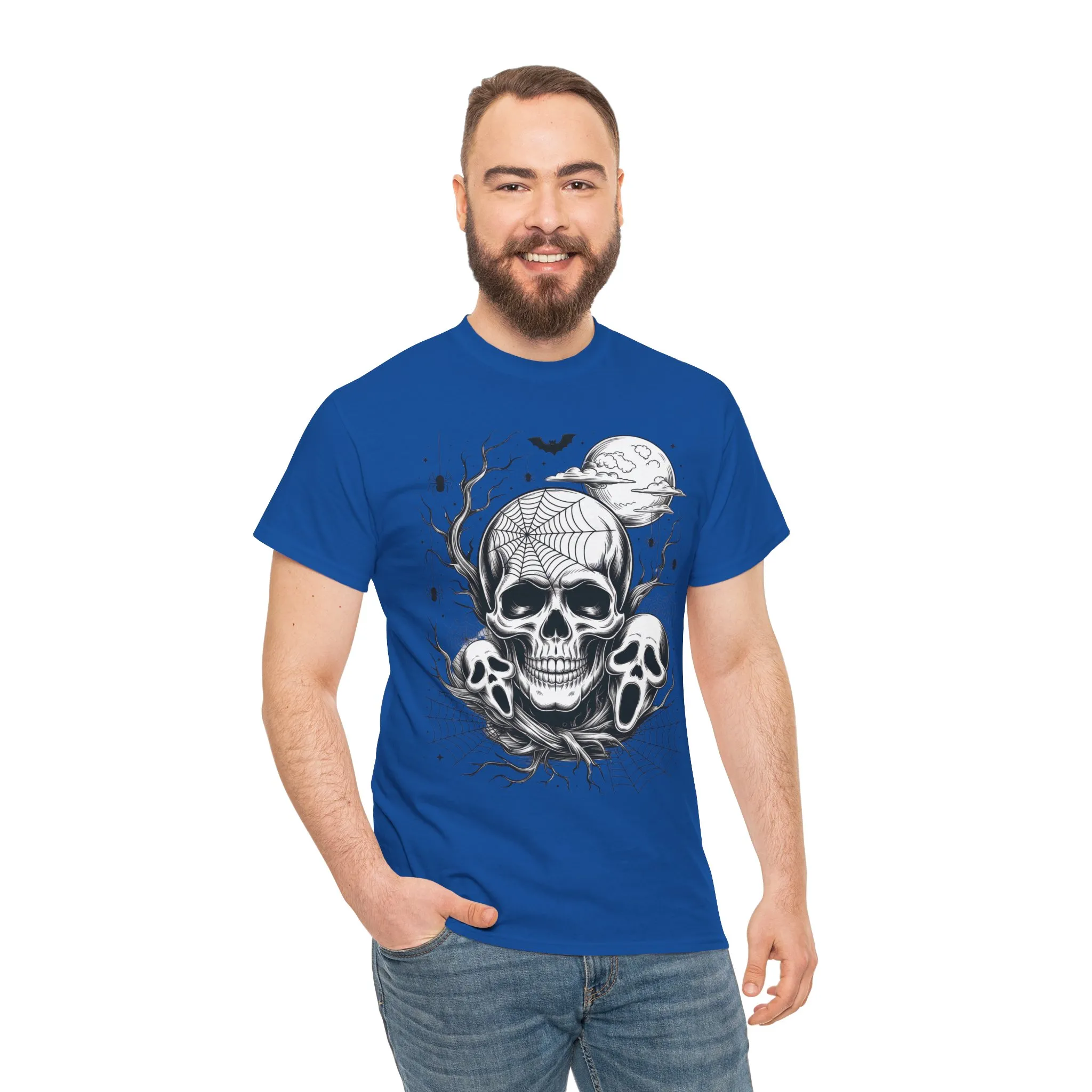 Men's Gothic Skull T-Shirt, Halloween Graphic Tee, Spider Web Moon Horror Shirt, Spooky Skull Graphic Top for Him - Image 26