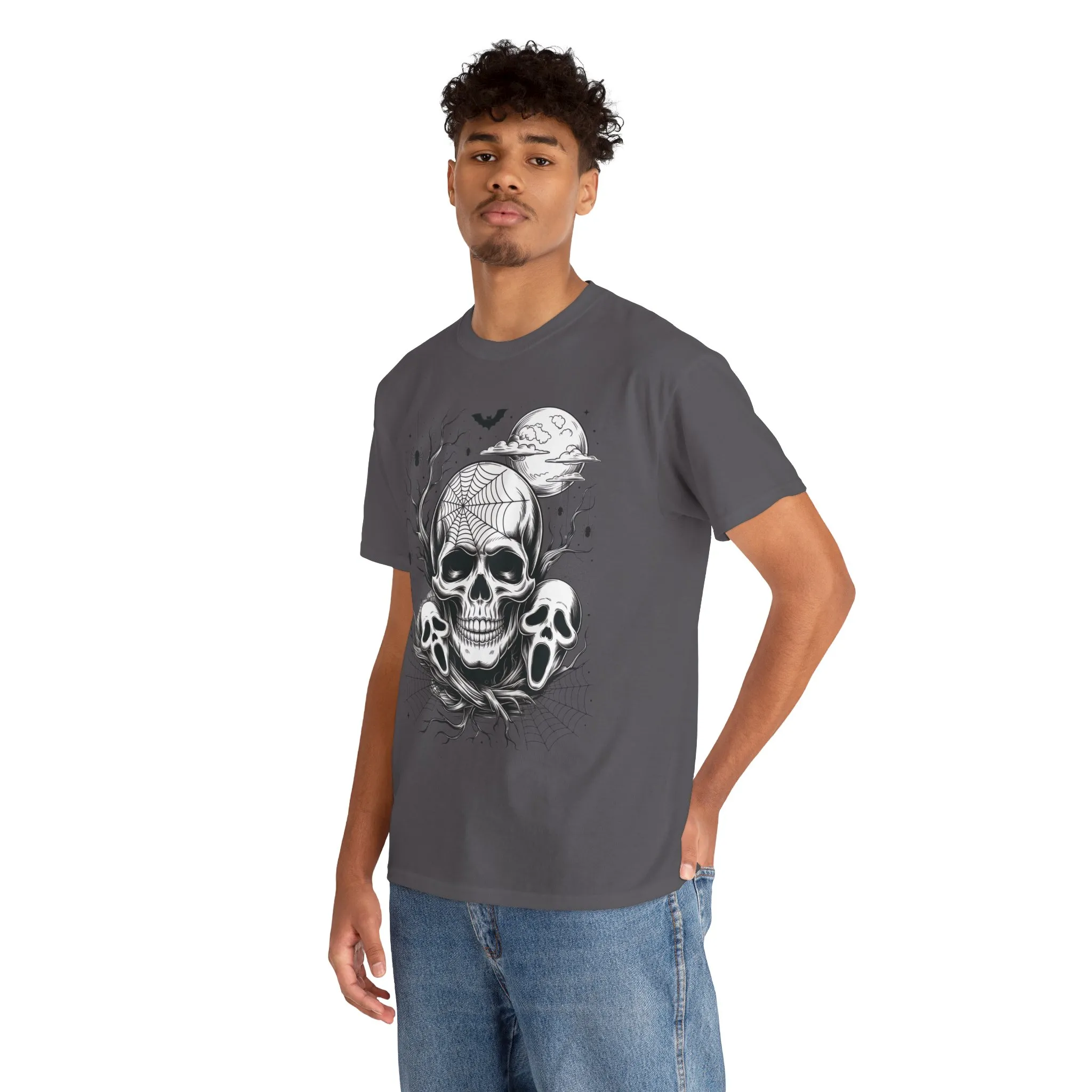 Men's Gothic Skull T-Shirt, Halloween Graphic Tee, Spider Web Moon Horror Shirt, Spooky Skull Graphic Top for Him - Image 24