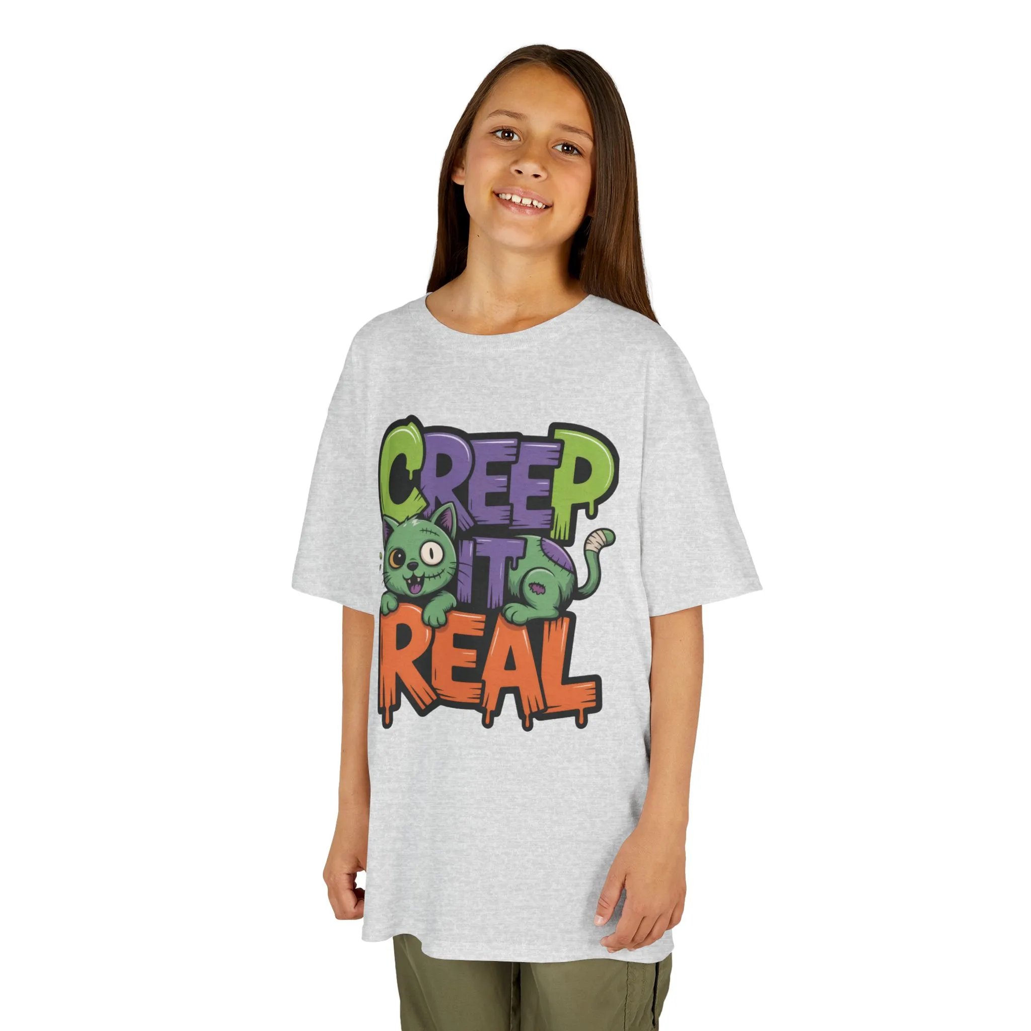 Creep It Real Kids Halloween Shirt, Cute Zombie Cat Graffiti Style T-Shirt for Boys & Girls - Image 5