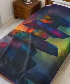 Aurora Balance Stones Blanket, Northern Lights Inukshuk Throw, Zen Meditation Art Blanket, Colorful Spiritual Aurora Decor, sizes: 60x80".