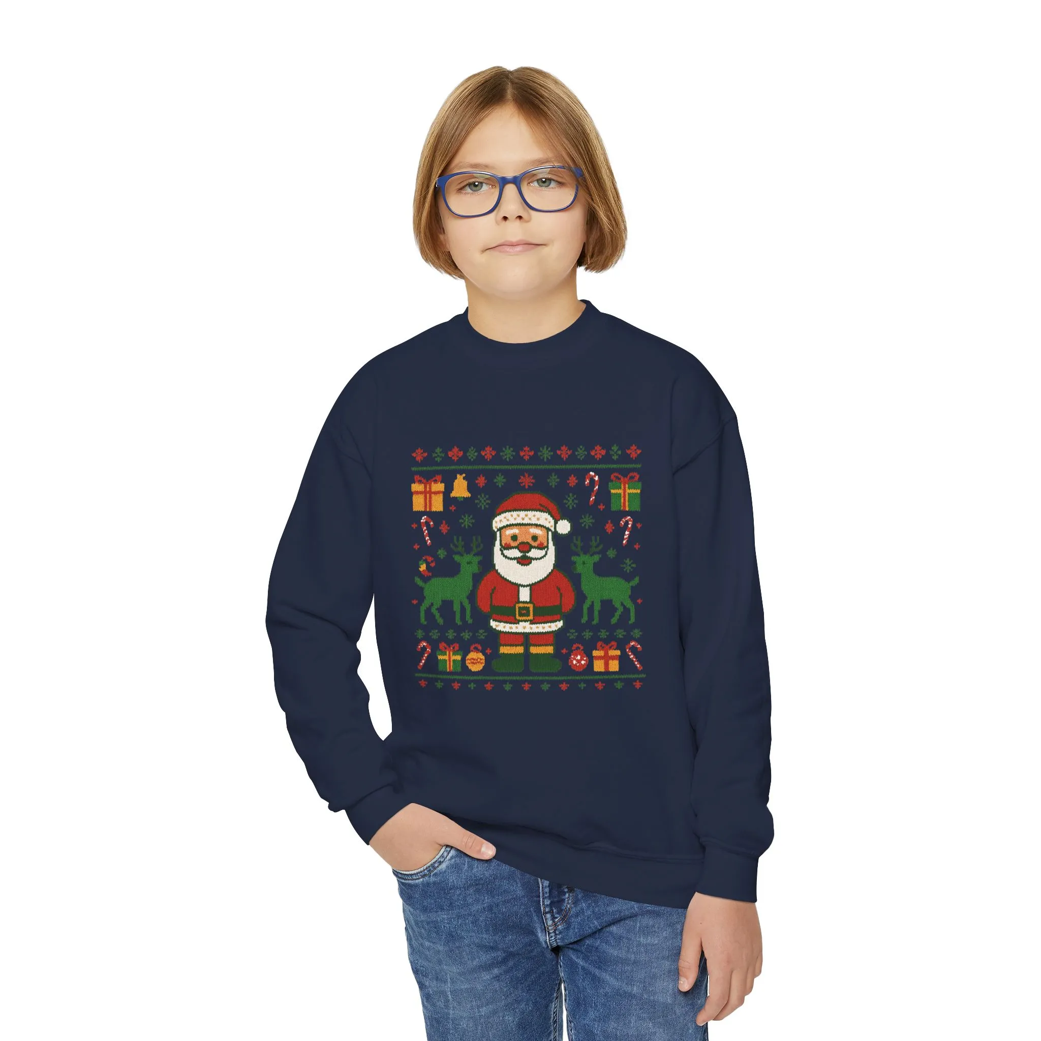 Kids Santa Christmas Shirt, Cute Knit Pattern Holiday Sweatshirt, Youth Crewneck Sweatshirt - Image 21
