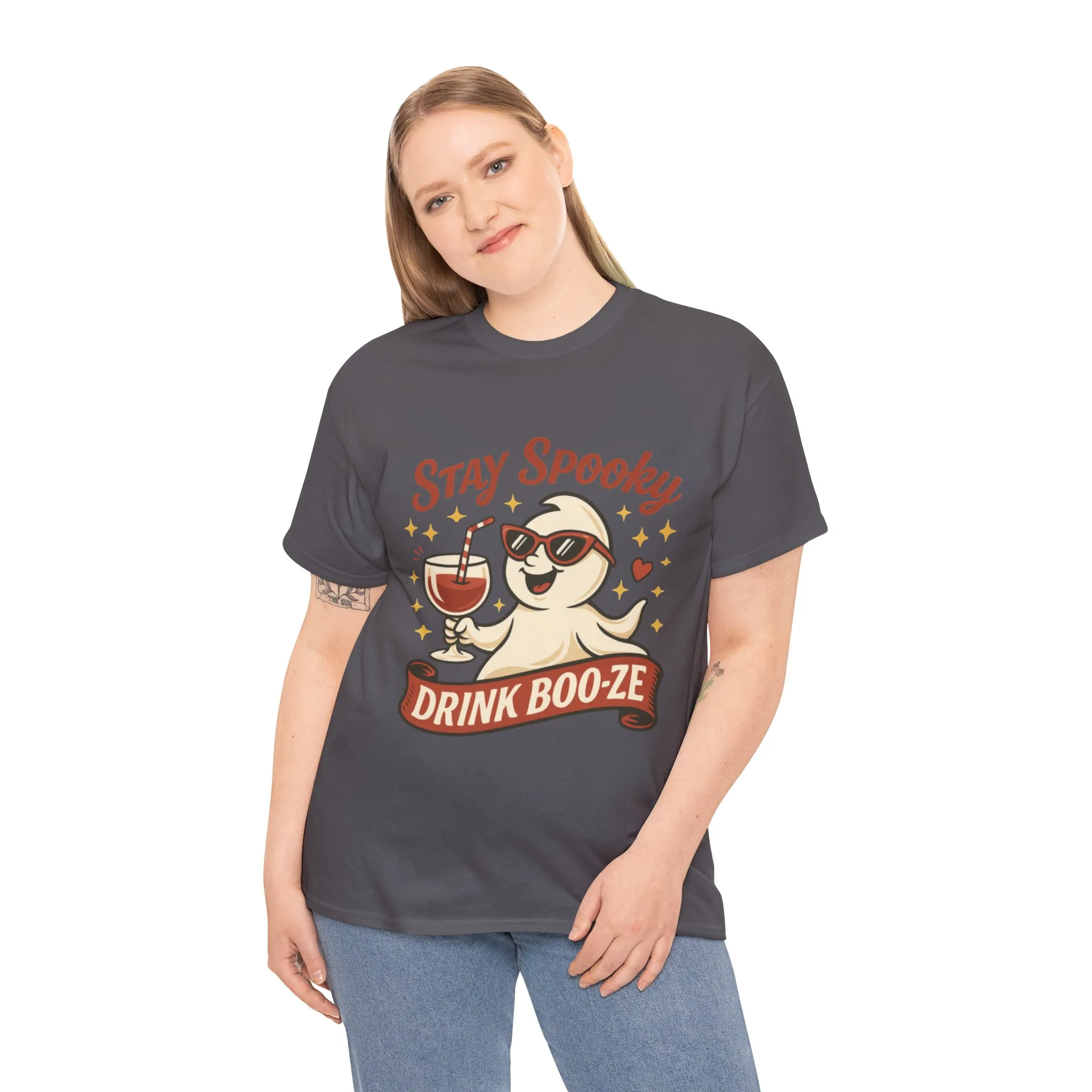 Stay Spooky Drink Boo-ze Women's T-Shirt, Funny Ghost Wine Halloween Party Graphic Tee - Image 15