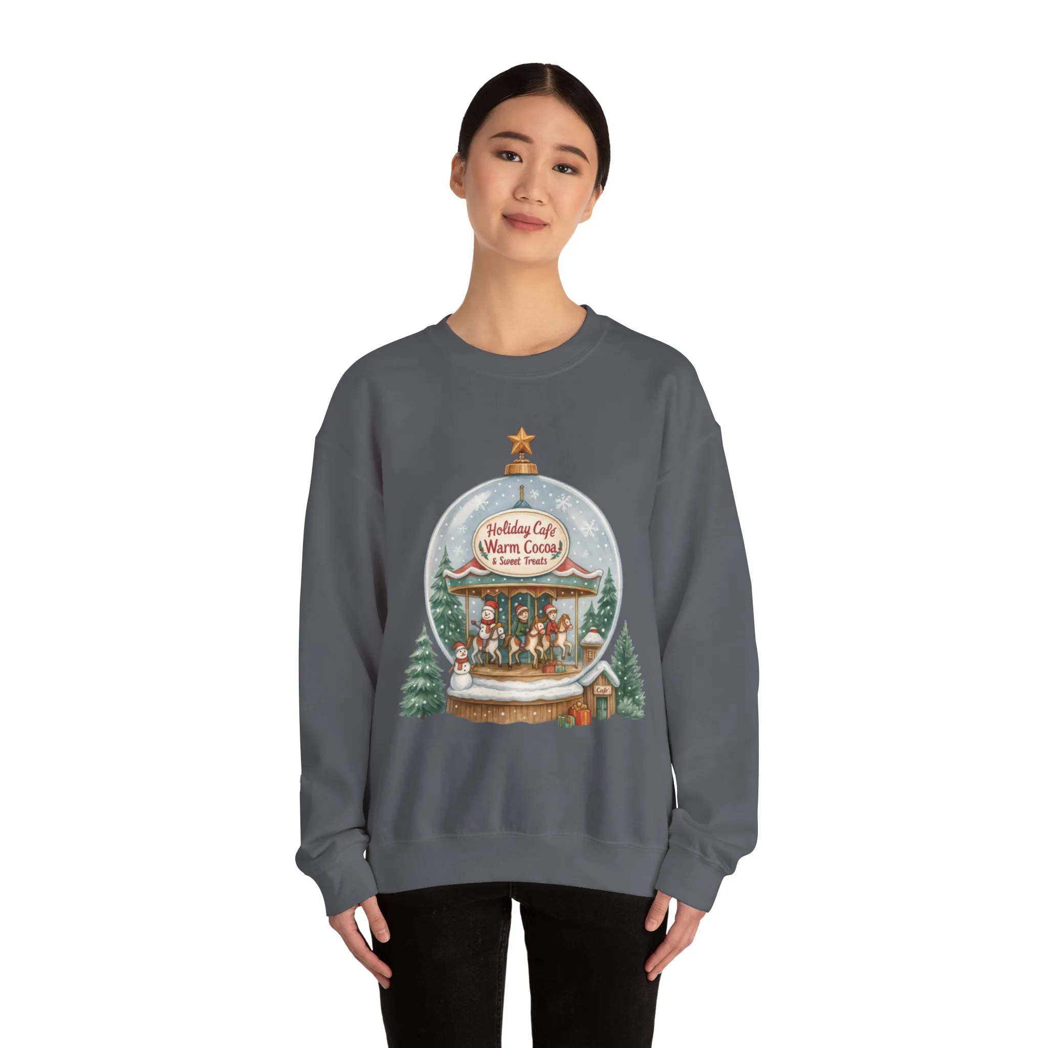 Holiday Café Christmas Sweatshirt, Warm Cocoa Snow Globe Pullover - Image 14