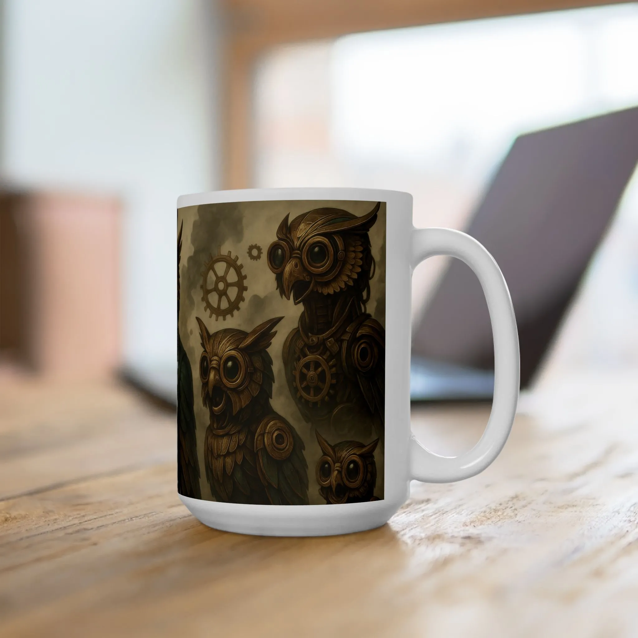 Steampunk Owl Mug, Victorian Mechanical Owl Coffee Cup, Brass Gear Owl Art, Industrial Fantasy Gift for Men, Steampunk Lovers, Mug, (15oz) - Image 5