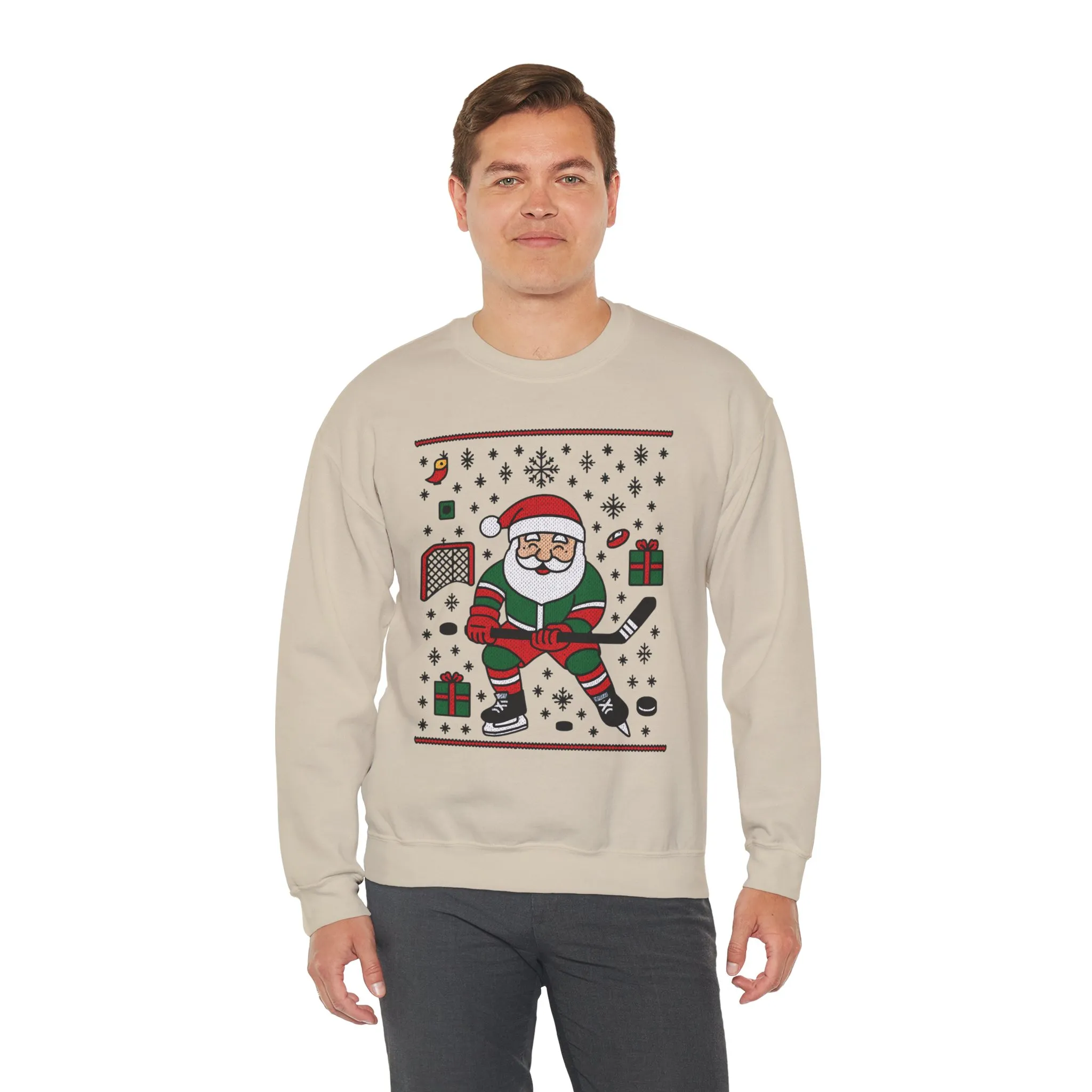 Hockey Santa Men's Christmas Sweatshirt, Funny Sports Holiday Jumper - Image 3