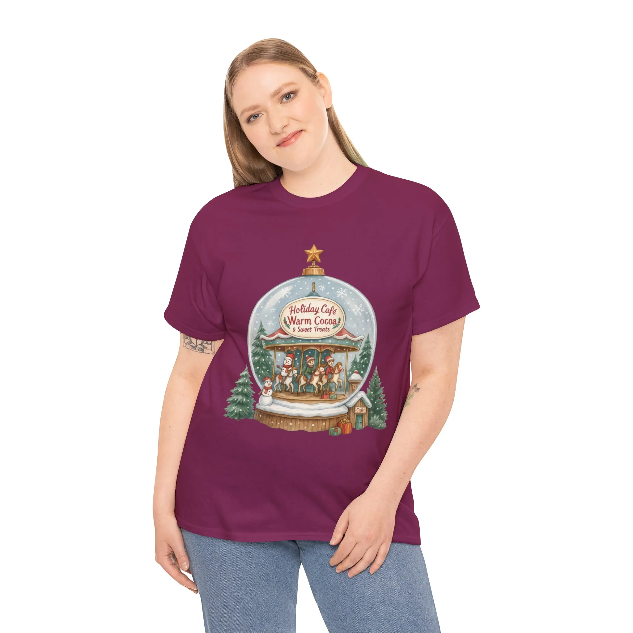 Holiday Café Christmas T-Shirt for Women, Warm Cocoa Carousel Tee - Image 24