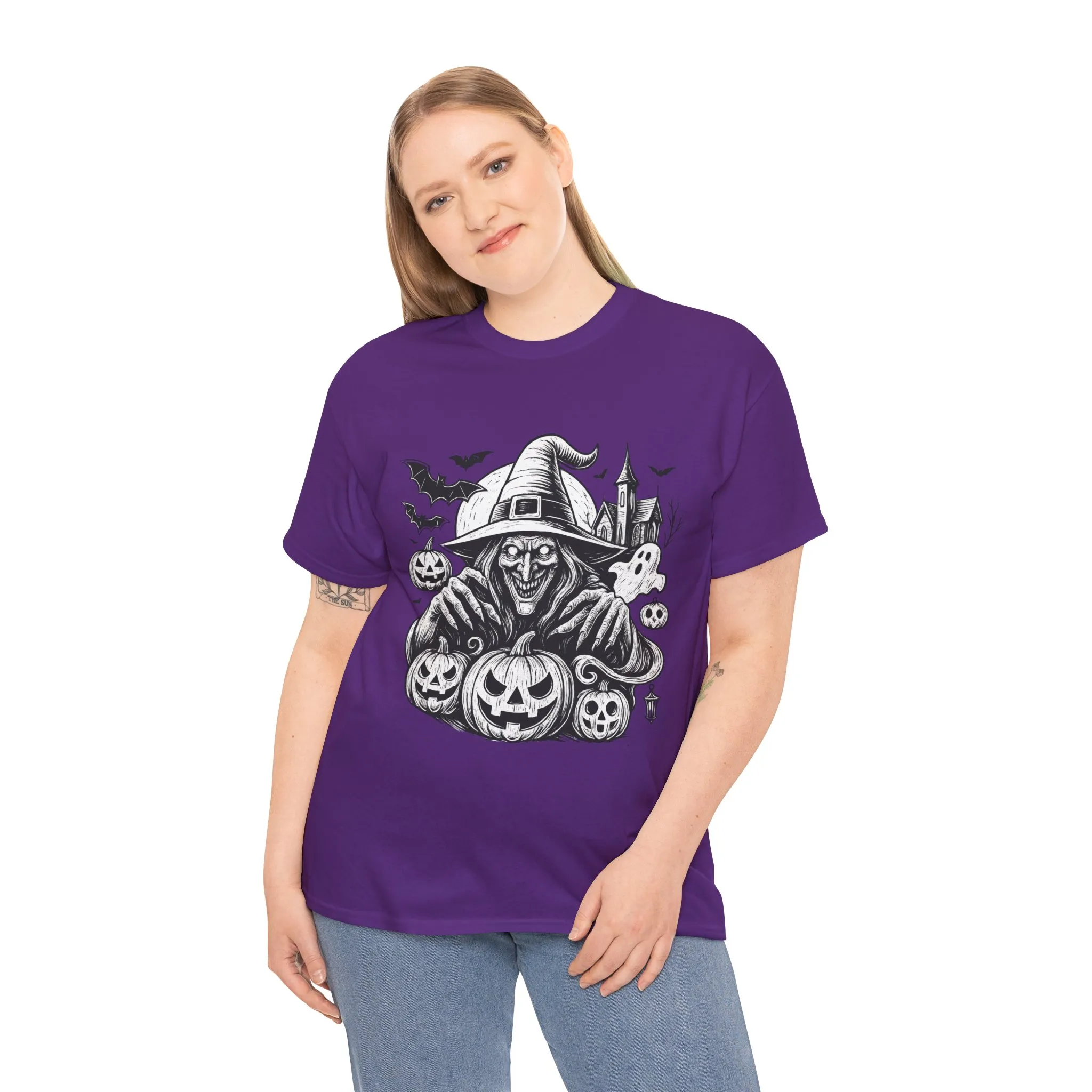Scary Witch Halloween Shirt Women, Gothic Pumpkin Ghost Tee, Spooky Horror Tee with Bats - Image 3
