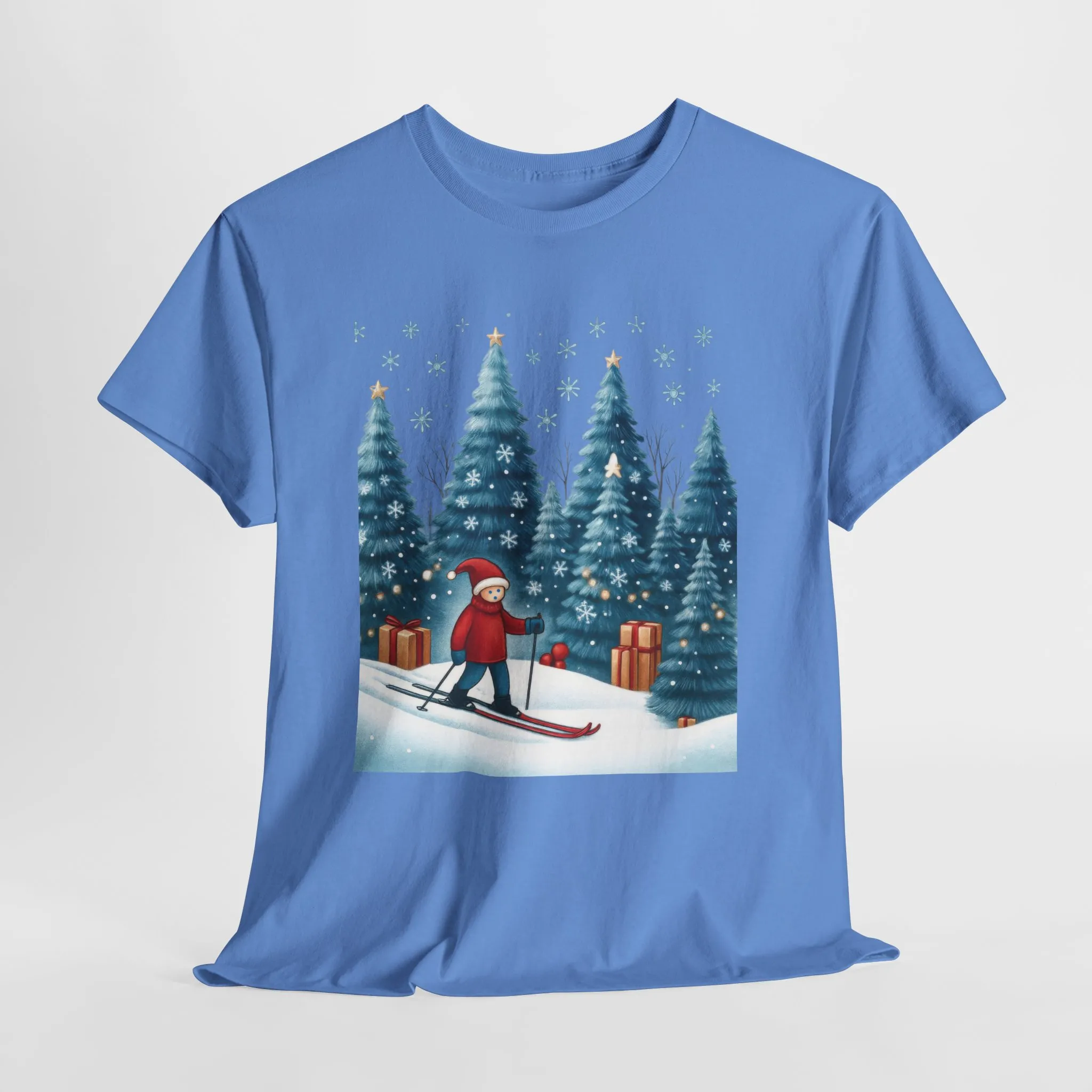 Womens Cute Winter Holiday Graphic Tee, Christmas Skiing T-Shirt, Women's Heavy Cotton Tee - Image 2