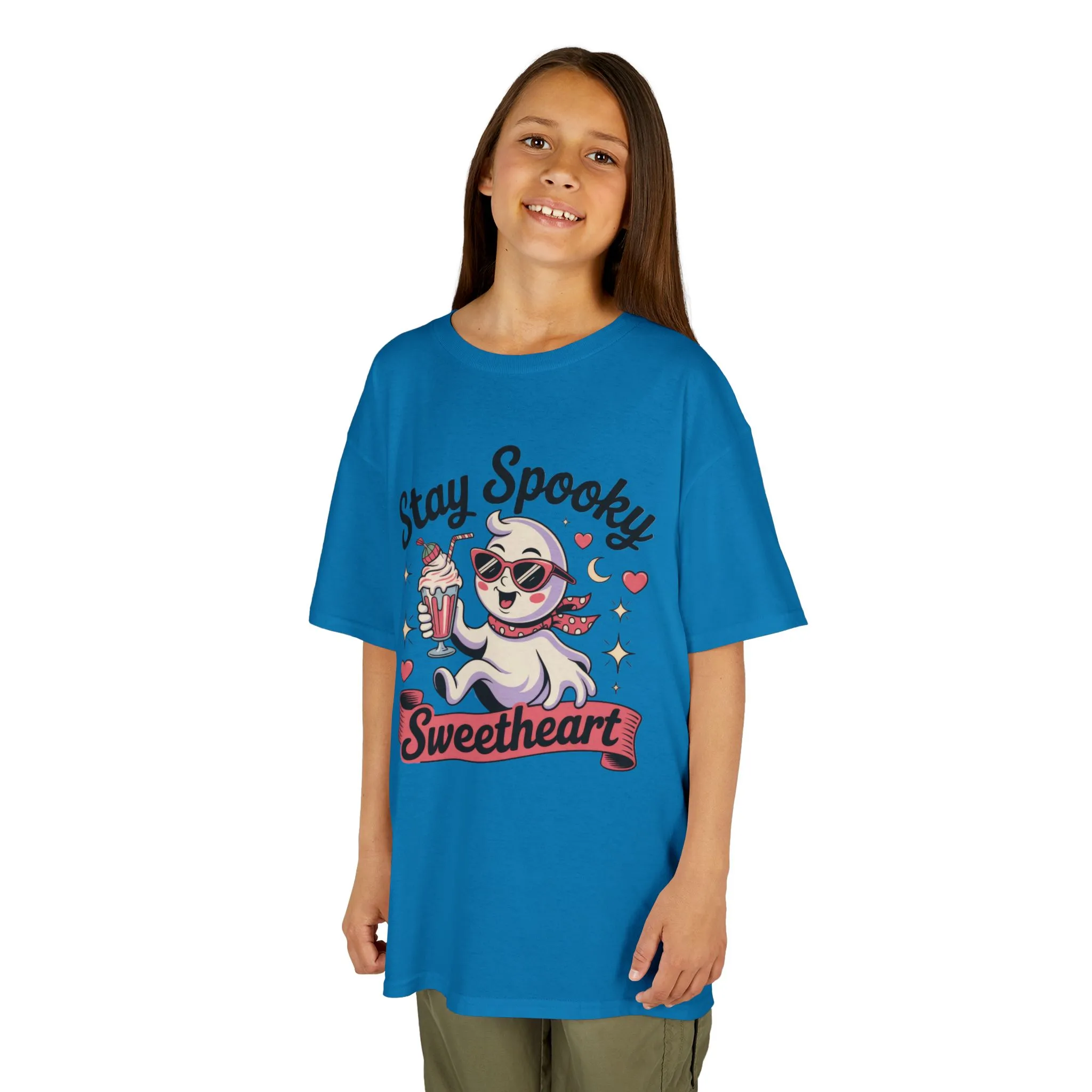 Girls Halloween Ghost T-Shirt, Stay Spooky Sweetheart Tee for Kids, Cute Retro Style Tween Girl Outfit Gift, Kids Heavy Cotton⢠Tee - Image 10