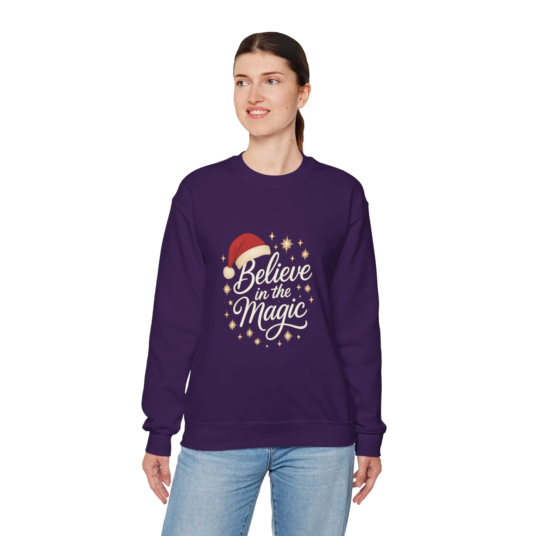 Believe in the Magic Women's Christmas Shirt, Santa Hat Holiday Cozy Sweatshirt, Women's Heavy Blend™ Crewneck Sweatshirt - Image 3