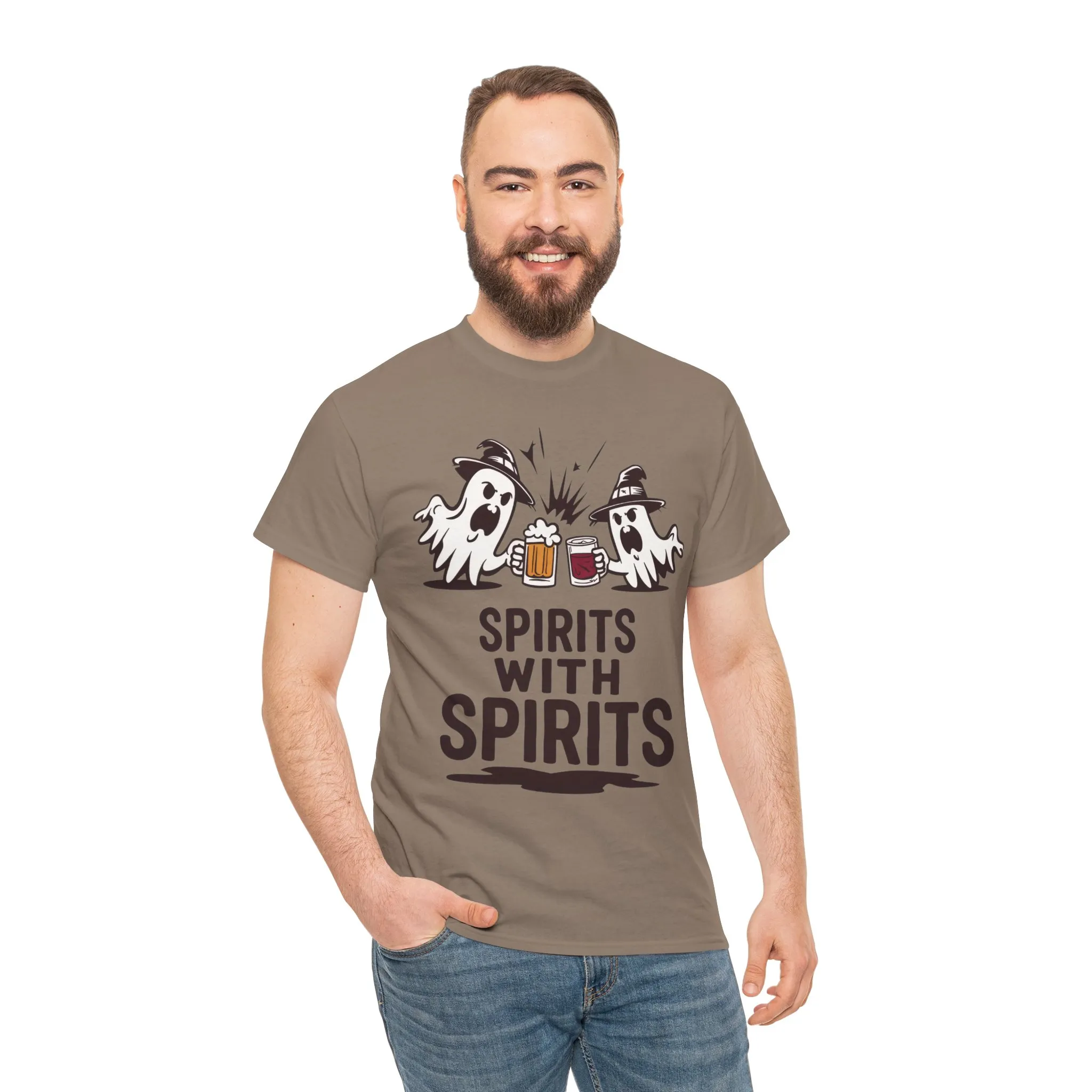 Spirits With Spirits Men's T-Shirt, Funny Ghost Drinking Halloween Party Graphic Tee - Image 5