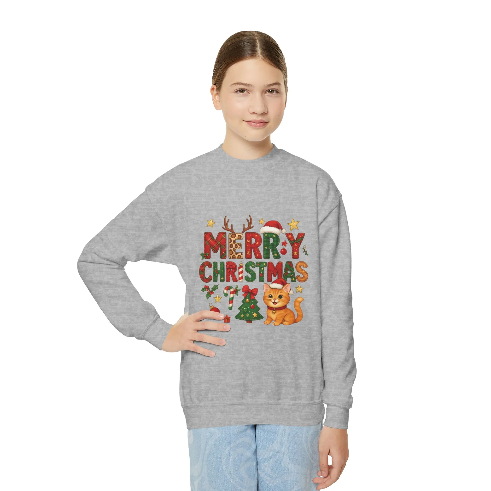 Merry Christmas Cat Sweatshirt for Girls, Cozy Holiday Kitten Jumper, Youth Crewneck Sweatshirt - Image 8