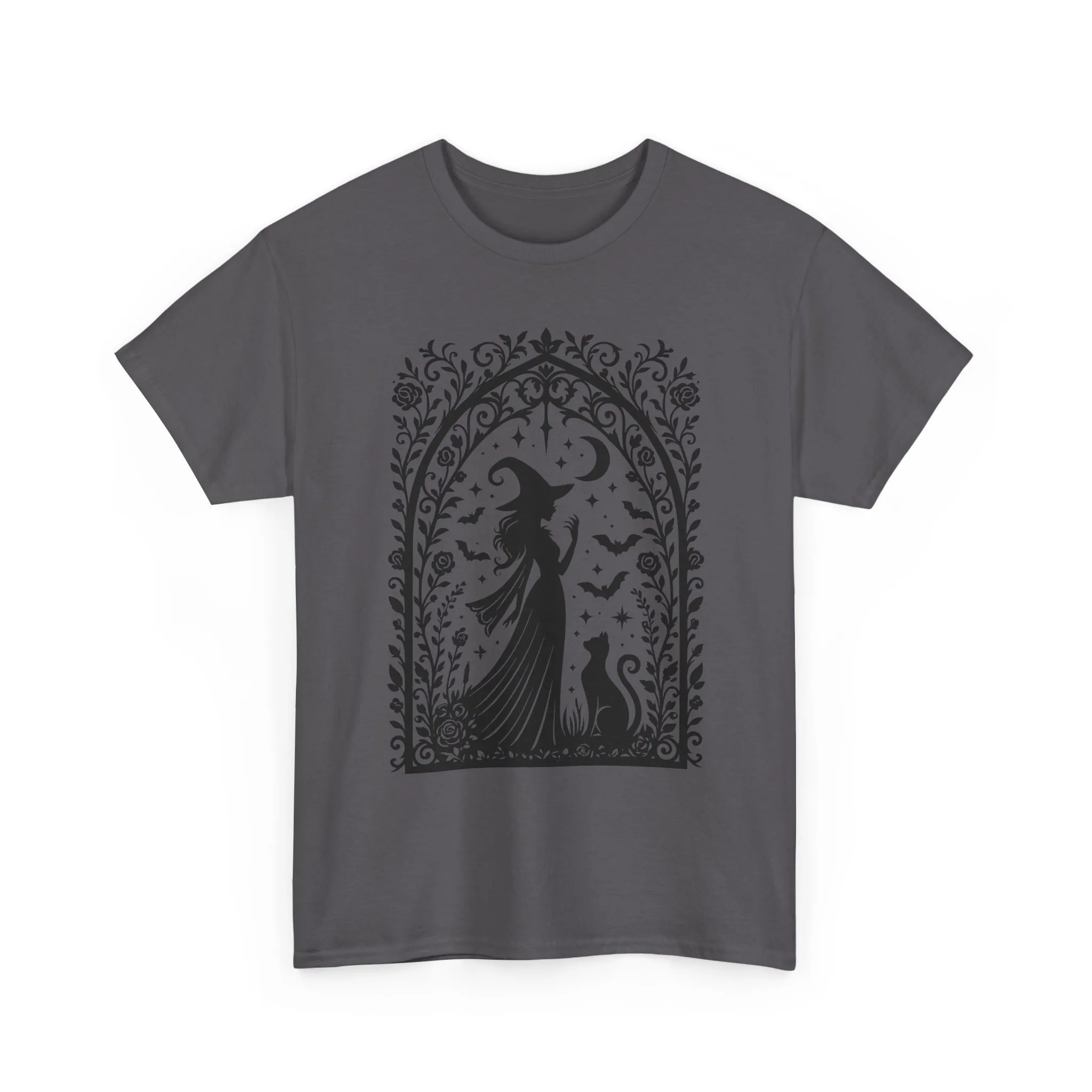 Gothic Witch & Cat Women's T-Shirt, Elegant Halloween Moon Silhouette Witchy Graphic Tee - Image 13