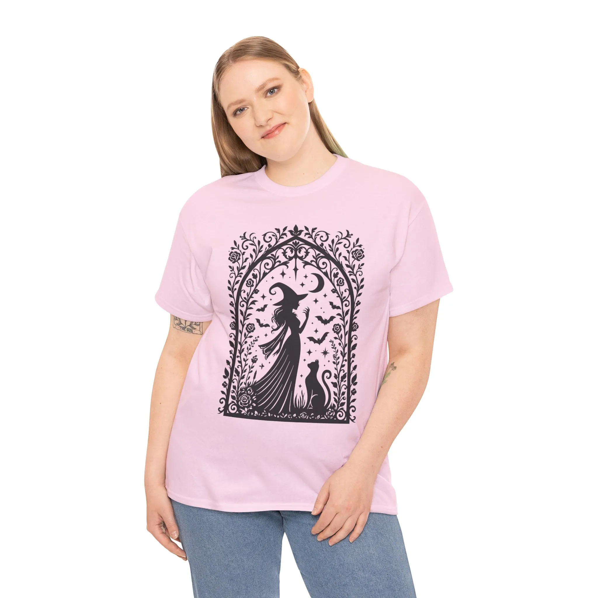 Gothic Witch & Cat Women's T-Shirt, Elegant Halloween Moon Silhouette Witchy Graphic Tee - Image 36